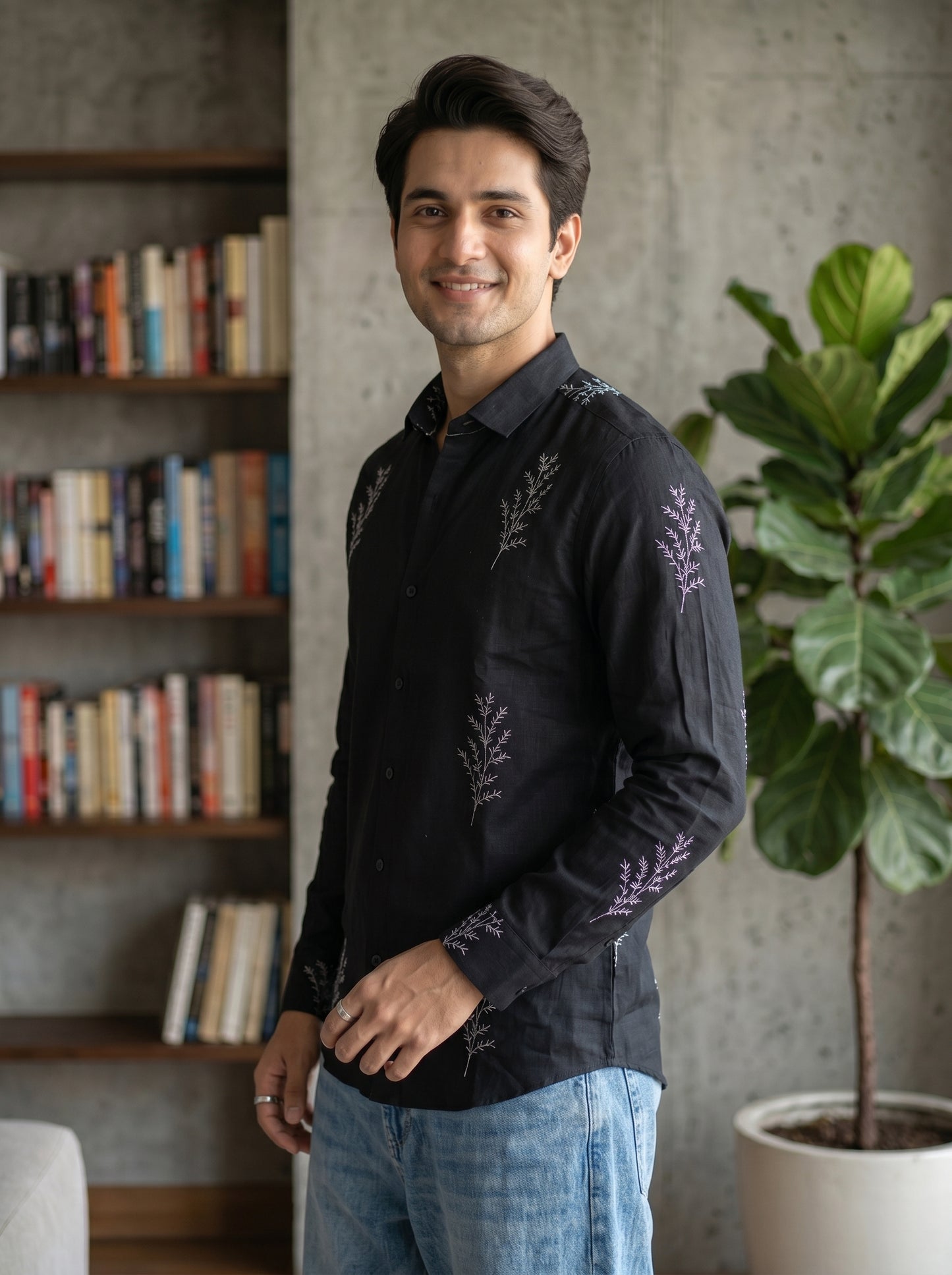 Minimal Fern Print Beige Shirt for Men