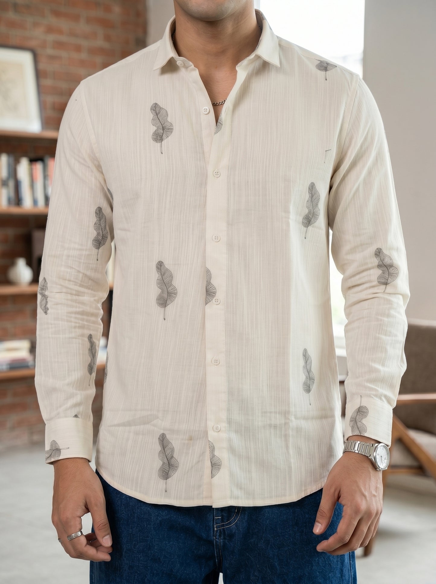 Vibe Craft Men's Feather Print Textured Cotton Shirt