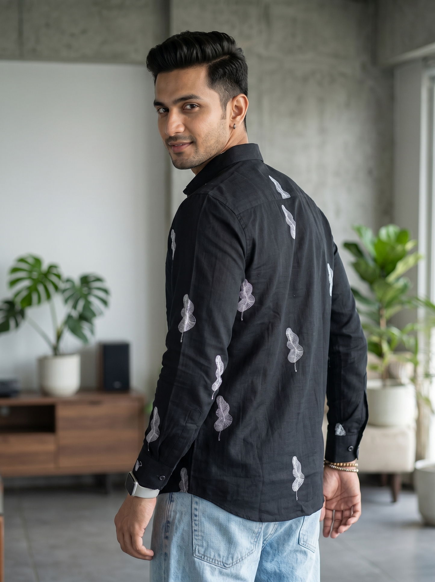 Vibe Craft Men's Feather Print Textured Cotton Shirt