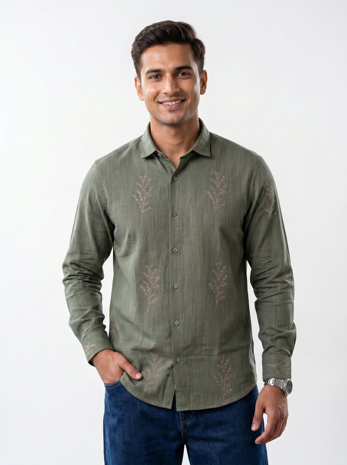 Minimal Fern Print Beige Shirt for Men