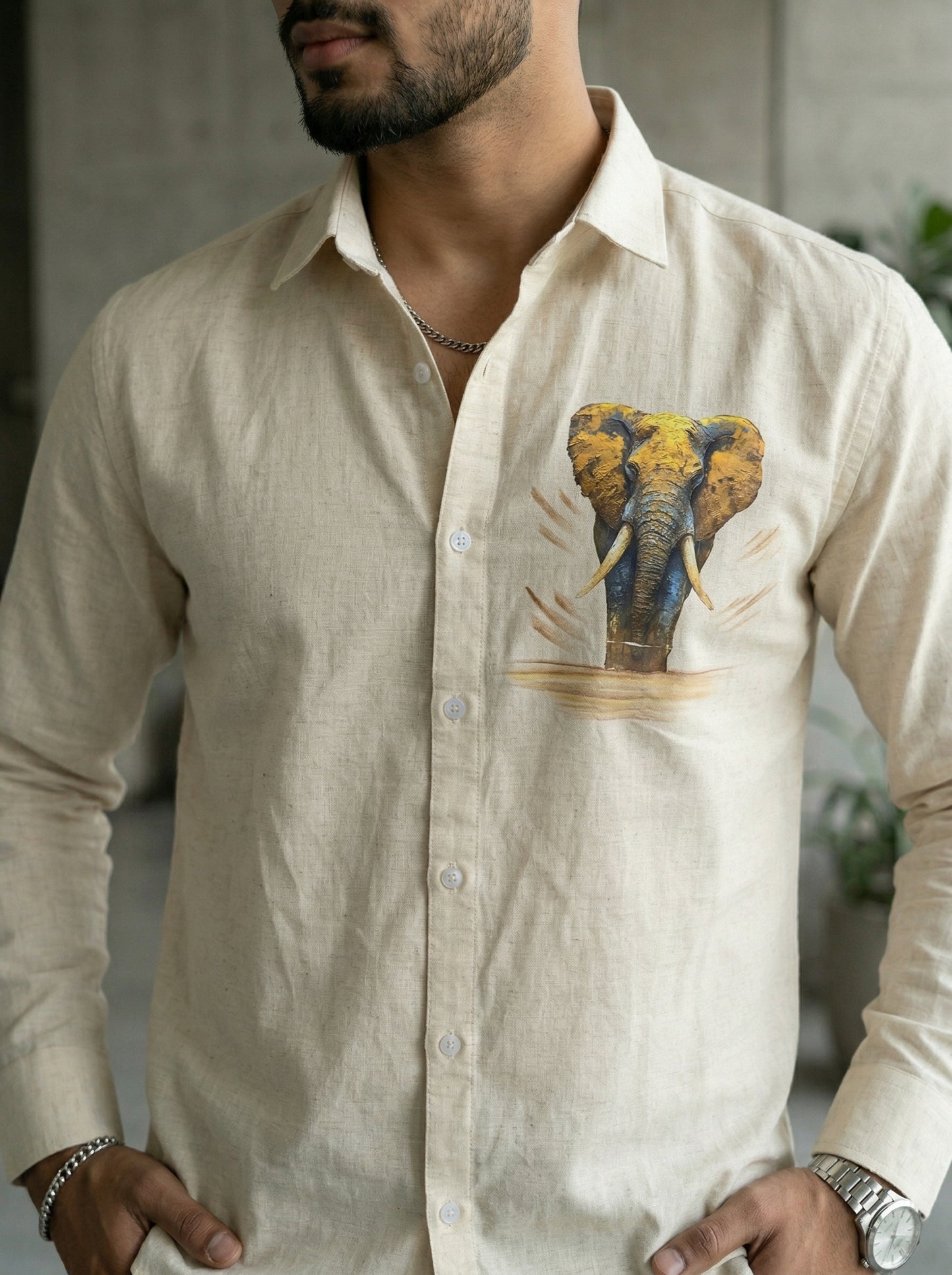Men’s Ivory Elephant Motif Graphic Cotton Linen Shirt