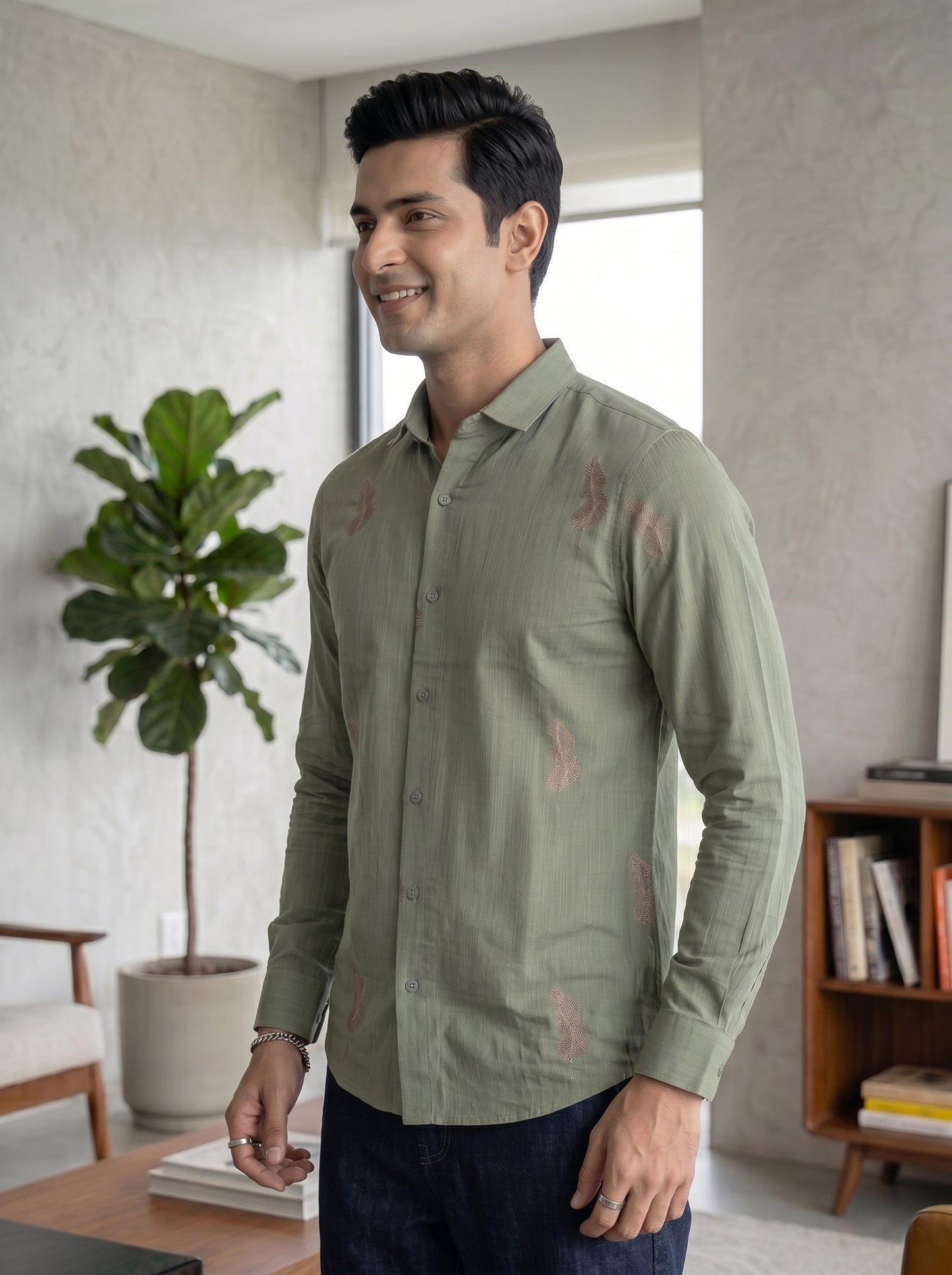 Vibe Craft Men's Feather Print Textured Cotton Shirt