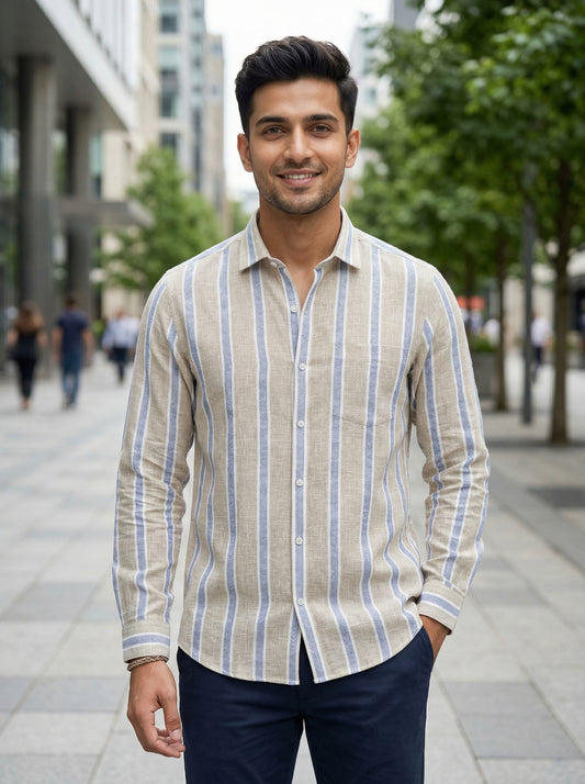 Beige & Blue Striped Premium Linen Shirt