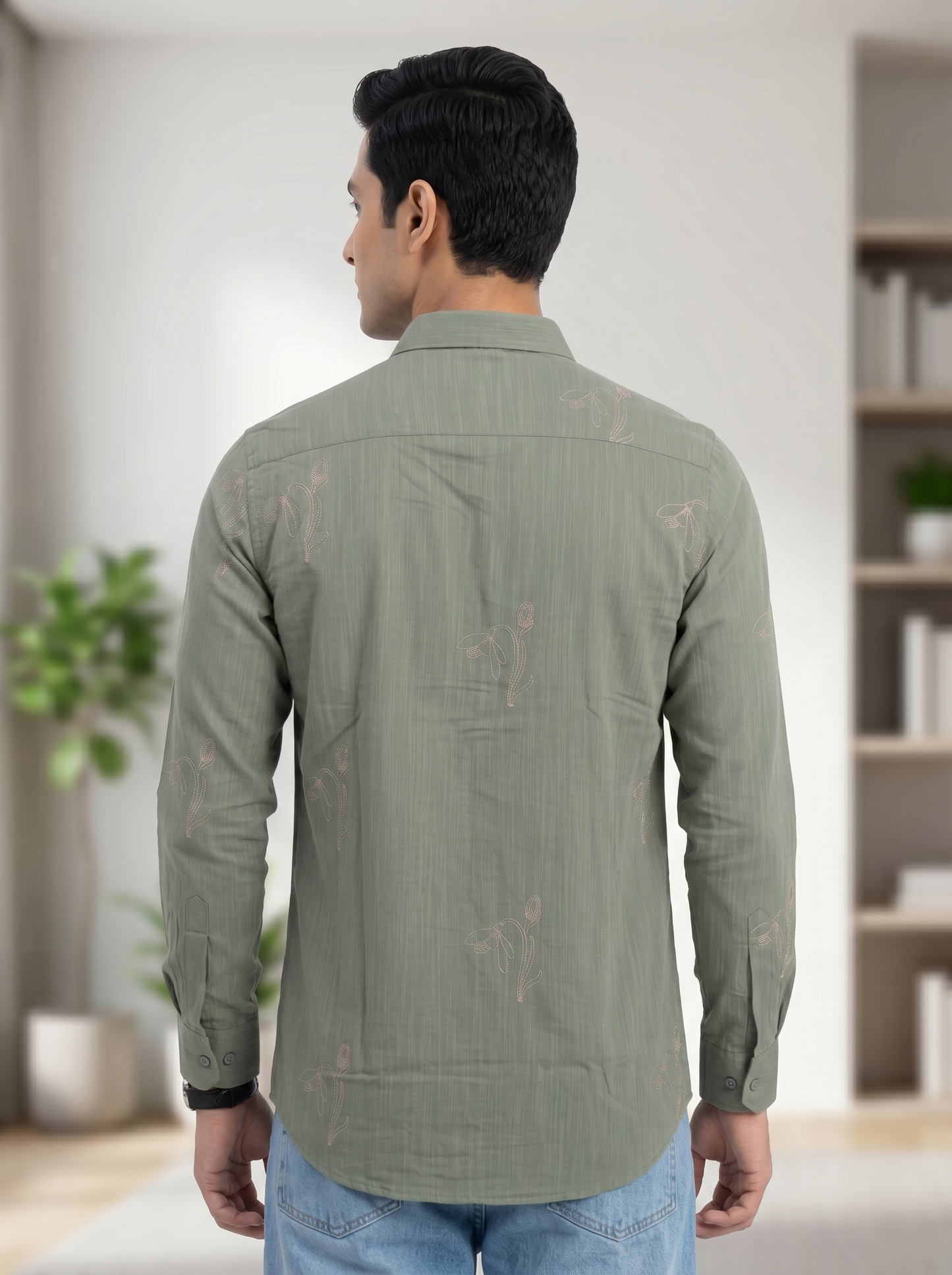 Vibe Craft Men's Tulip Embroidery Textured Cotton Shirt