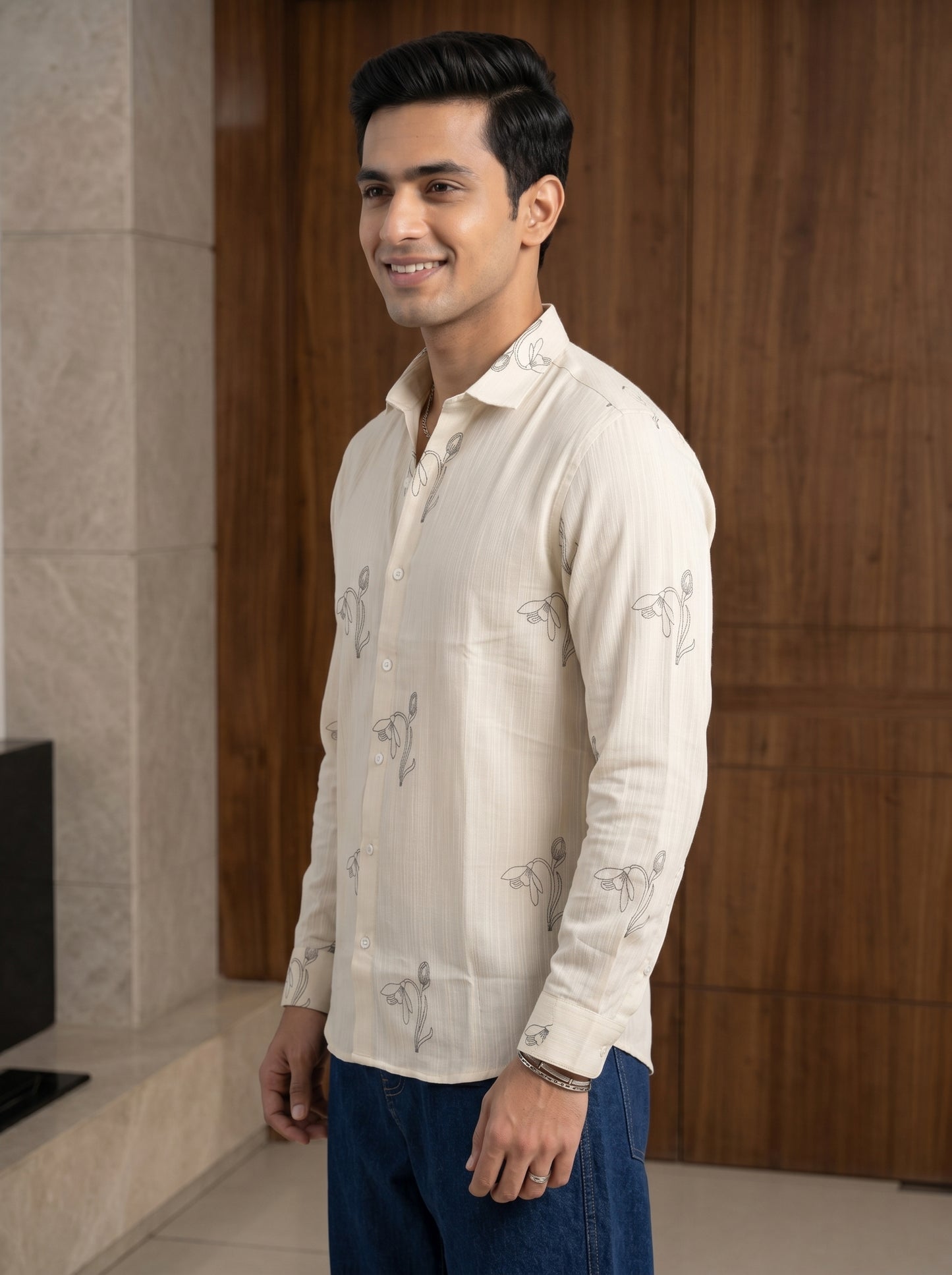 Vibe Craft Men's Tulip Embroidery Textured Cotton Shirt