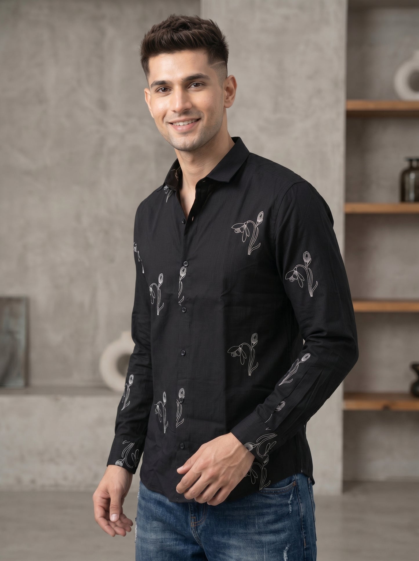 Vibe Craft Men's Tulip Embroidery Textured Cotton Shirt
