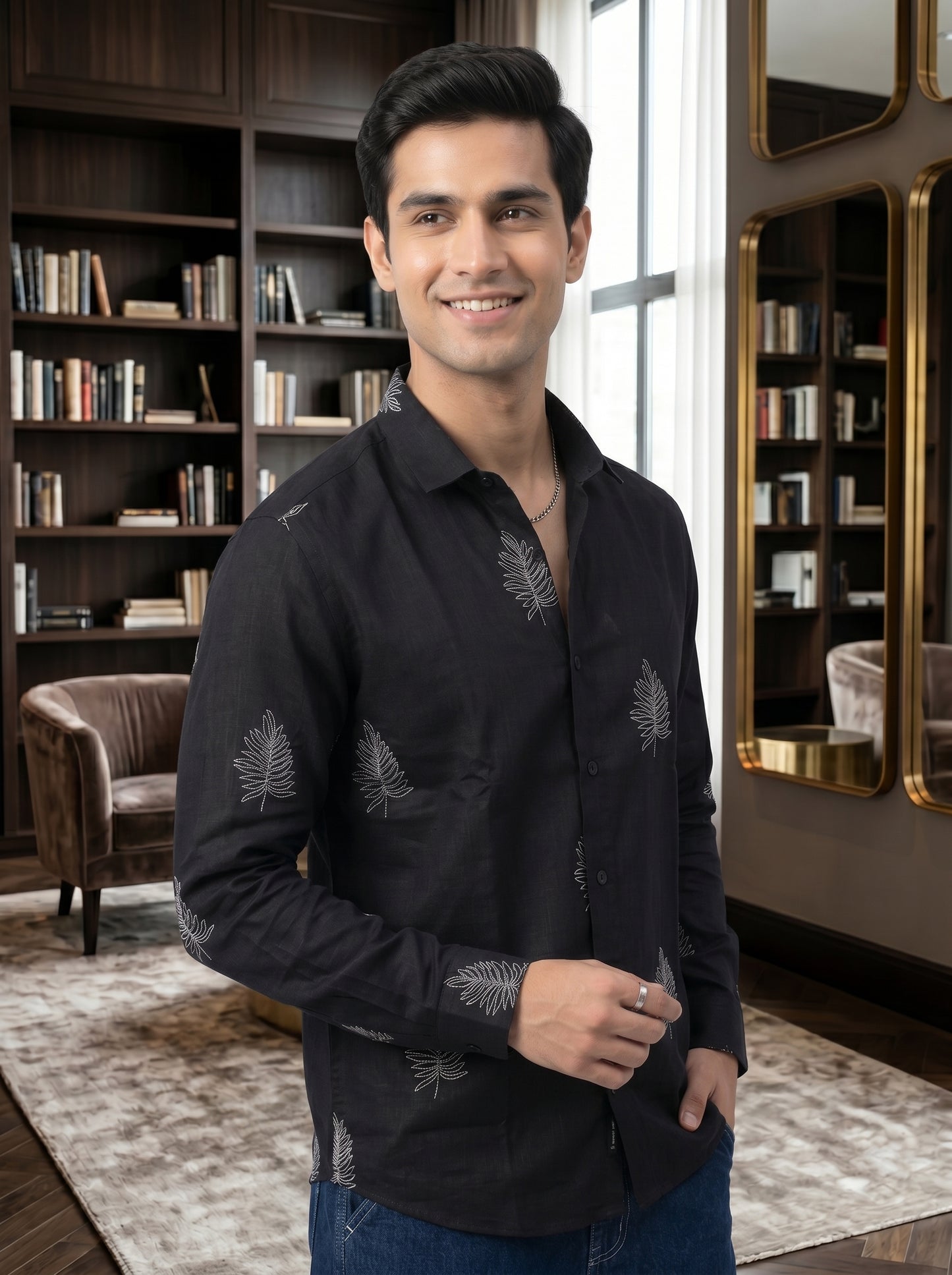 Men's Leaf Graphic Print Cotton Shirt