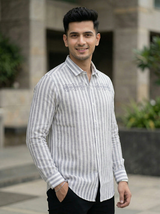 Men’s Beige Baroque Embroidered Premium Cotton Linen Shirt