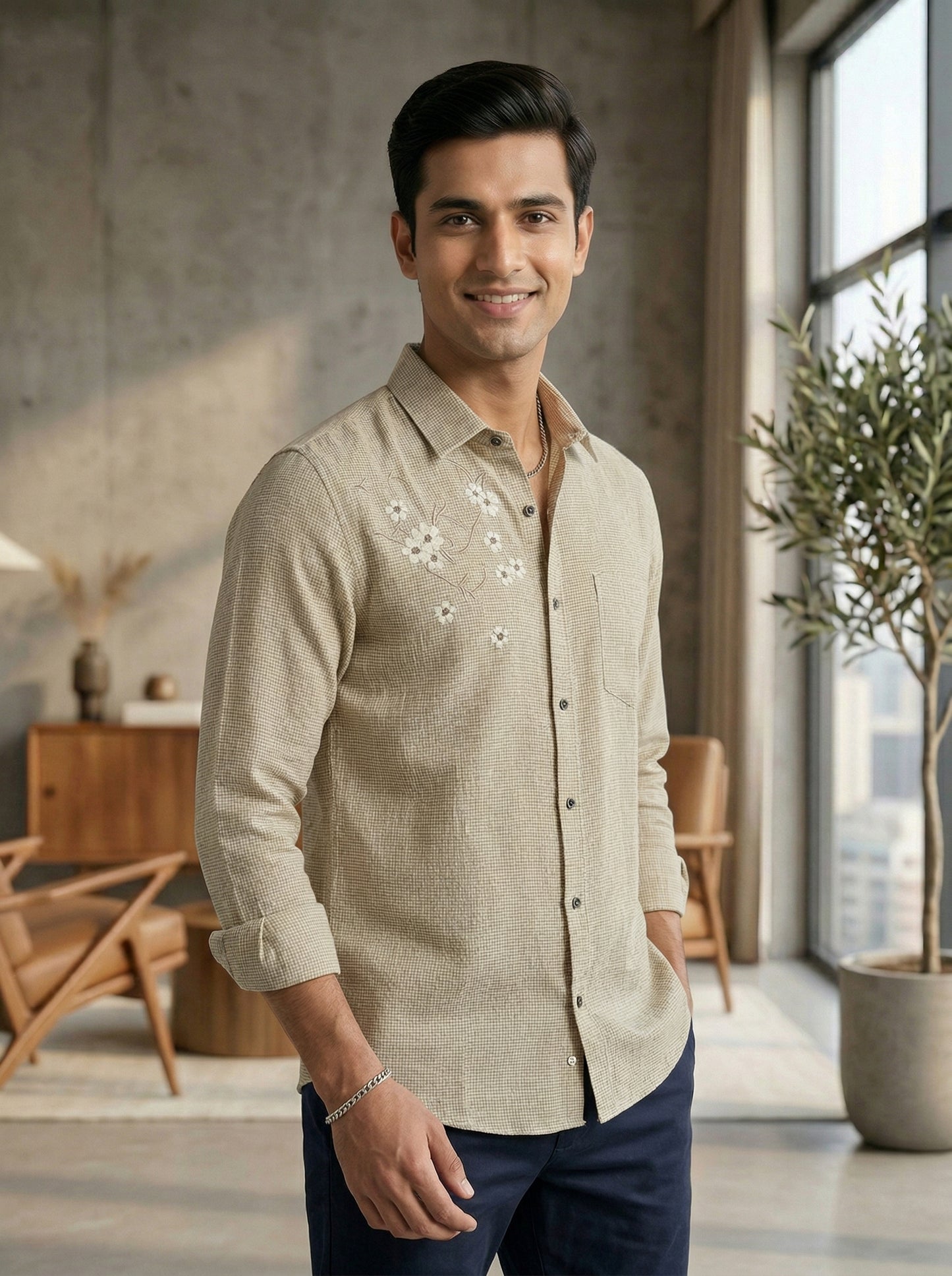 Sandstone Micro-Check Shirt with Subtle Floral Embroidery