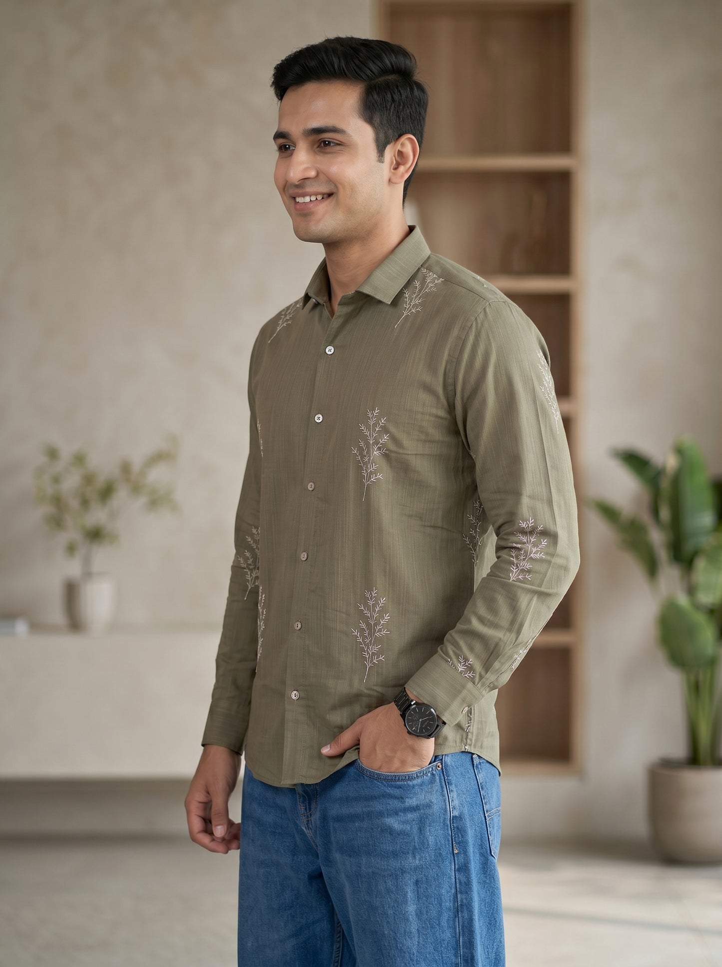 Minimal Fern Print Beige Shirt for Men