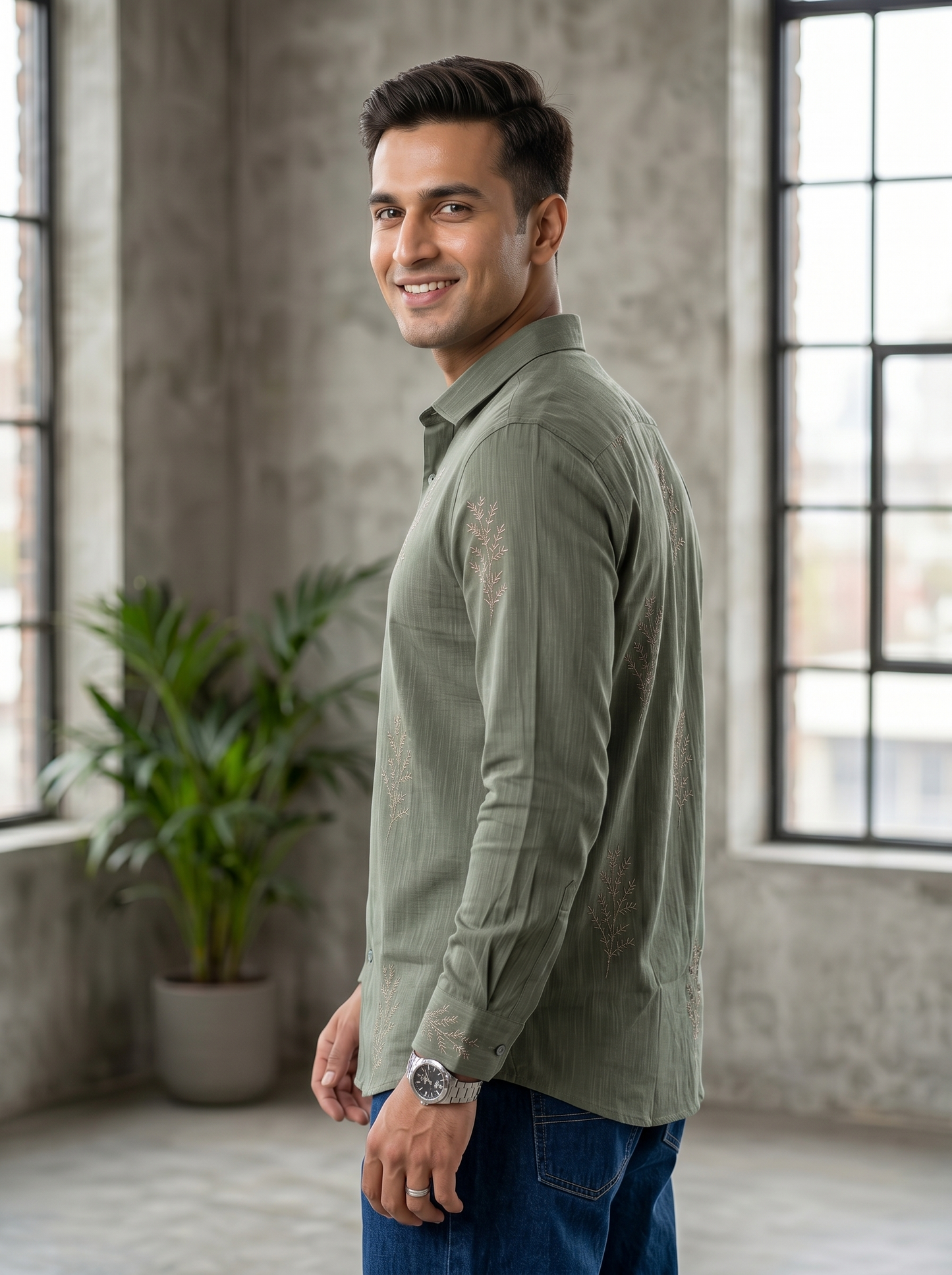 Minimal Fern Print Beige Shirt for Men