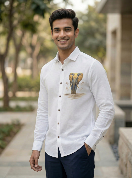 Men’s Beige Abstract Portrait Graphic Cotton Shirt