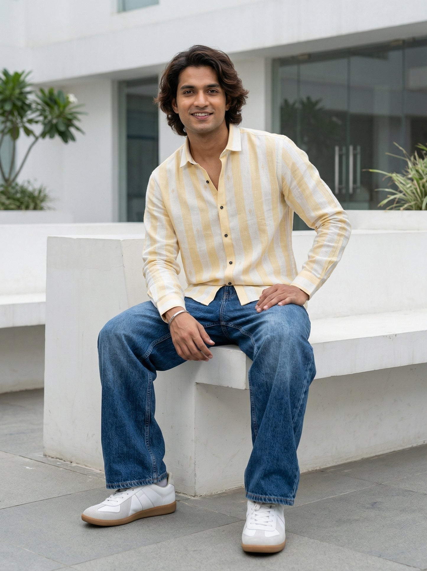 Men's Yellow Striped Embroidered Premium Linen Blend Shirt