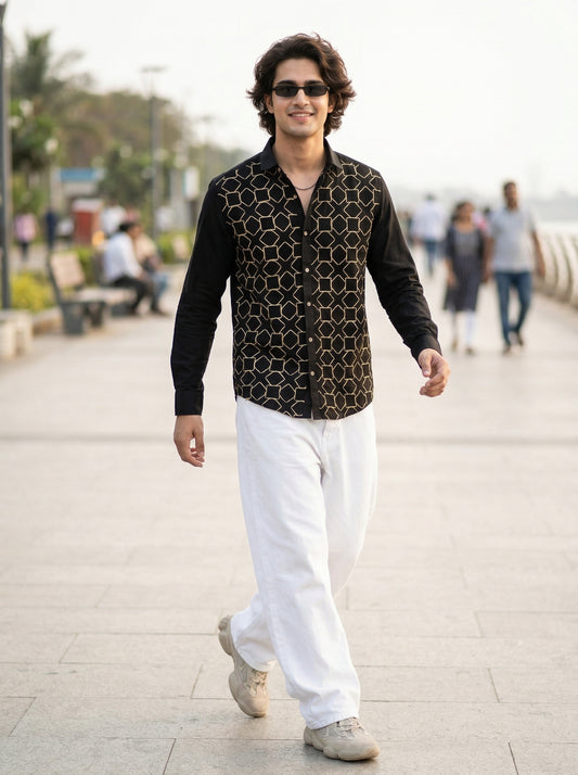 Obsidian Black Geometric Embroidered Men's Shirt