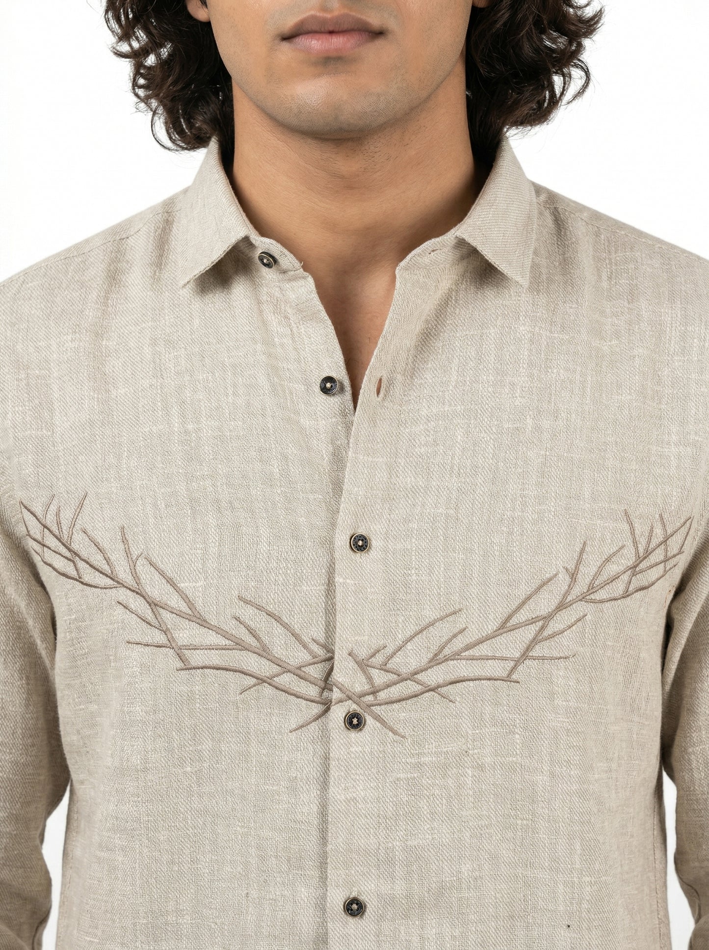Beige Embroidered Cotton-Linen Shirt for Men
