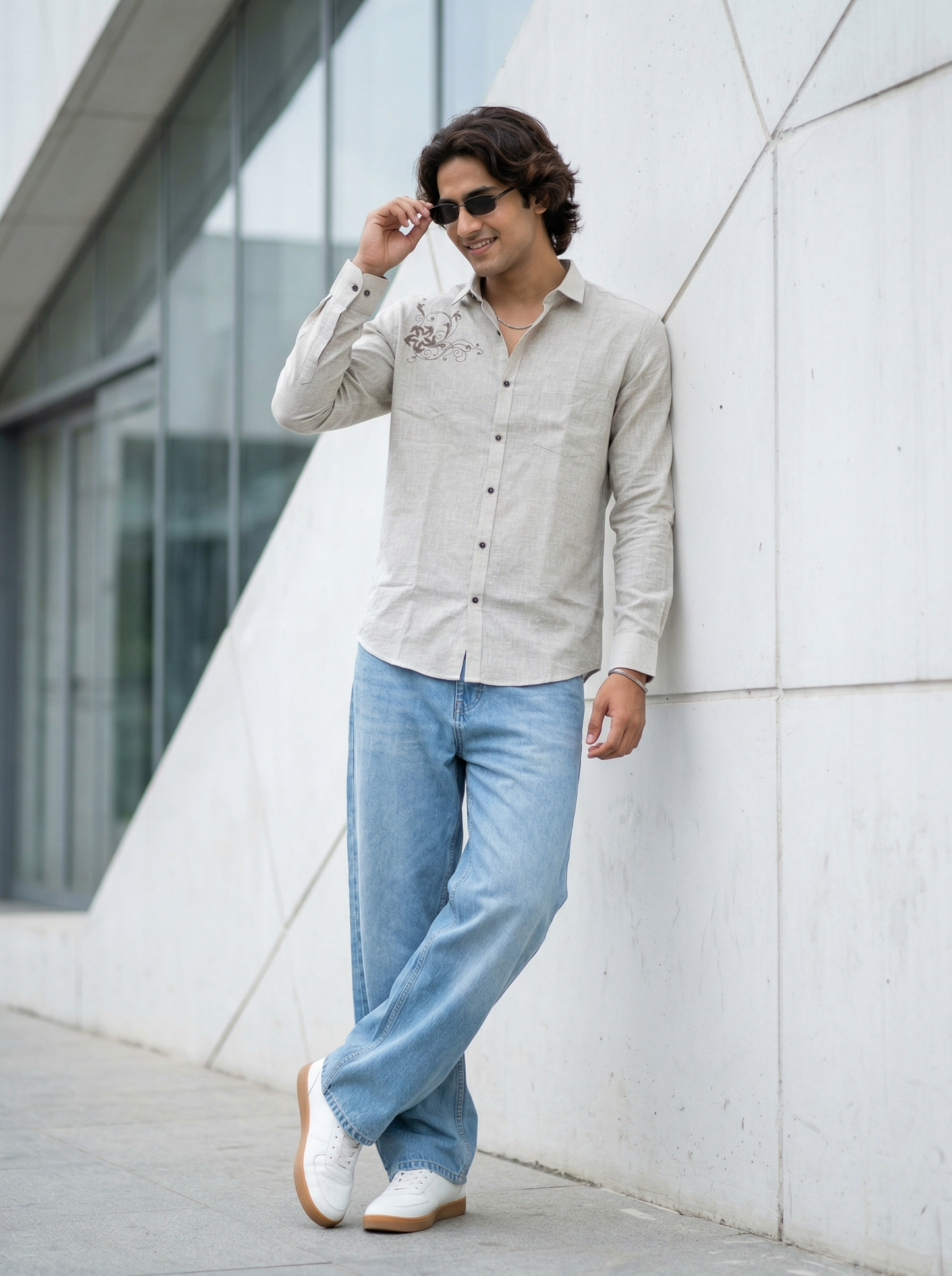 Men’s Grey Floral Embroidered Cotton-Linen Shirt