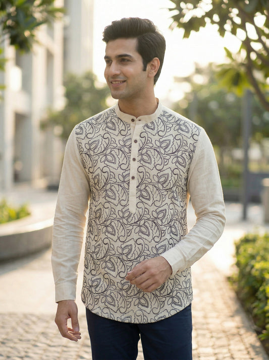 Men’s Beige & Black Paisley Embroidered Cotton Short Kurta