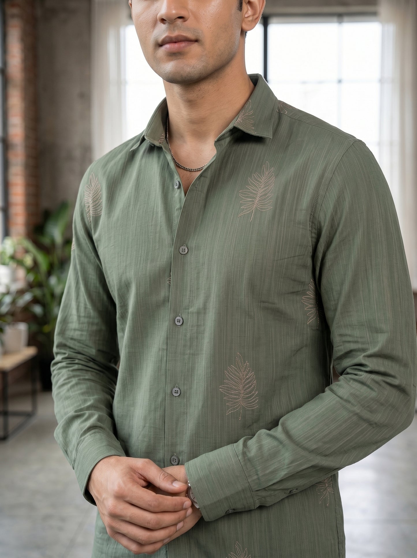 Men's Leaf Graphic Print Cotton Shirt