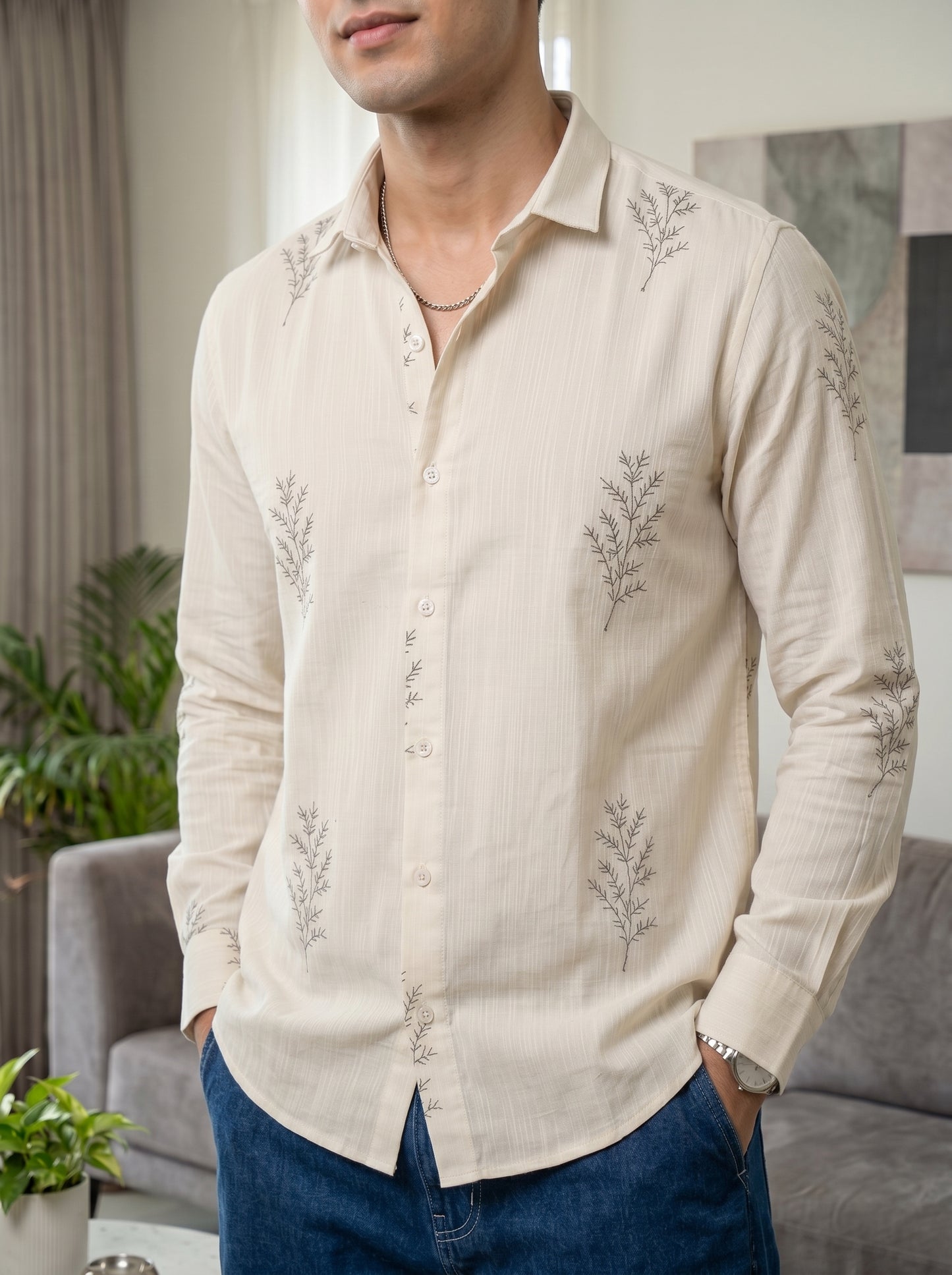 Minimal Fern Print Beige Shirt for Men