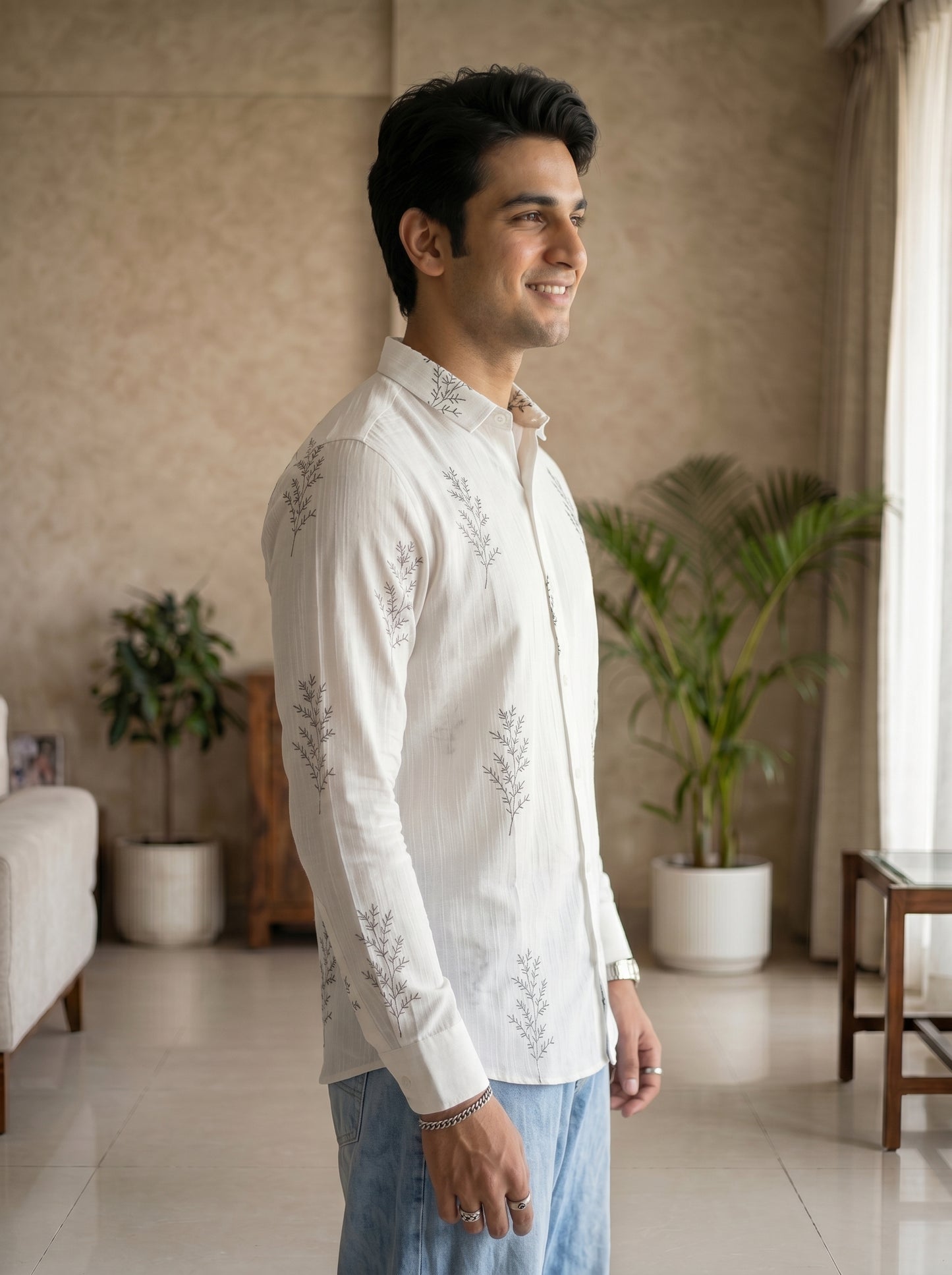 Minimal Fern Print Beige Shirt for Men