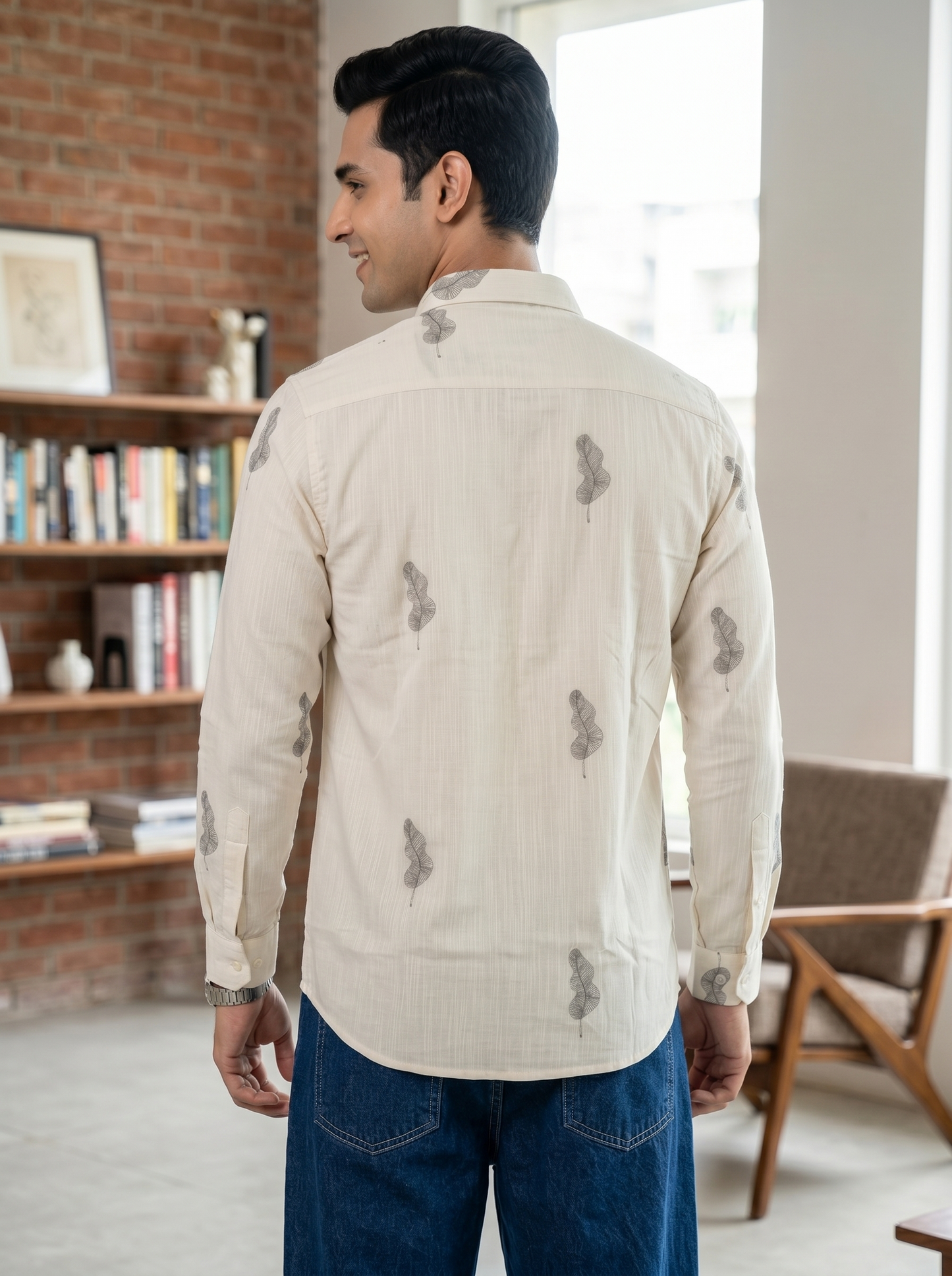 Vibe Craft Men's Feather Print Textured Cotton Shirt