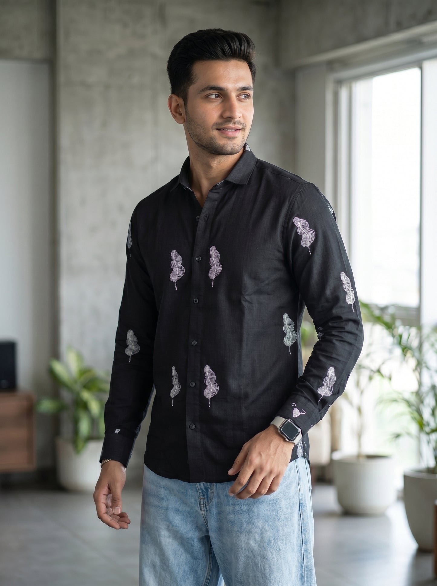 Vibe Craft Men's Feather Print Textured Cotton Shirt