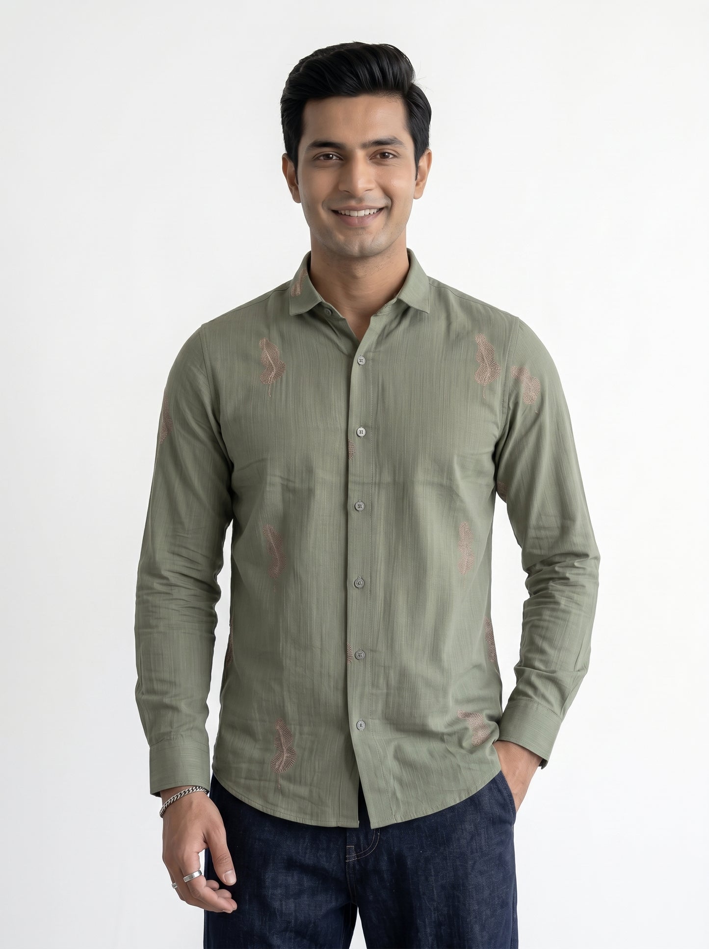Vibe Craft Men's Feather Print Textured Cotton Shirt