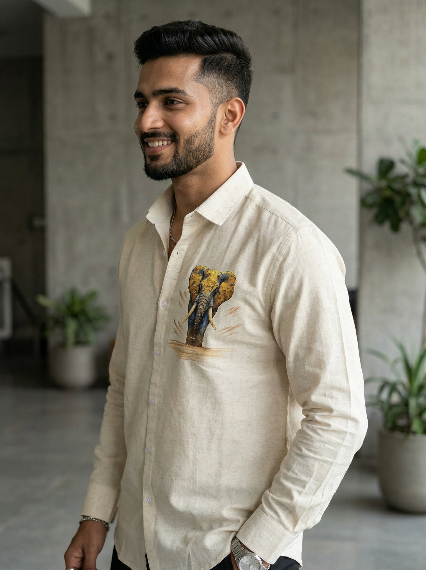 Men’s Ivory Elephant Motif Graphic Cotton Linen Shirt