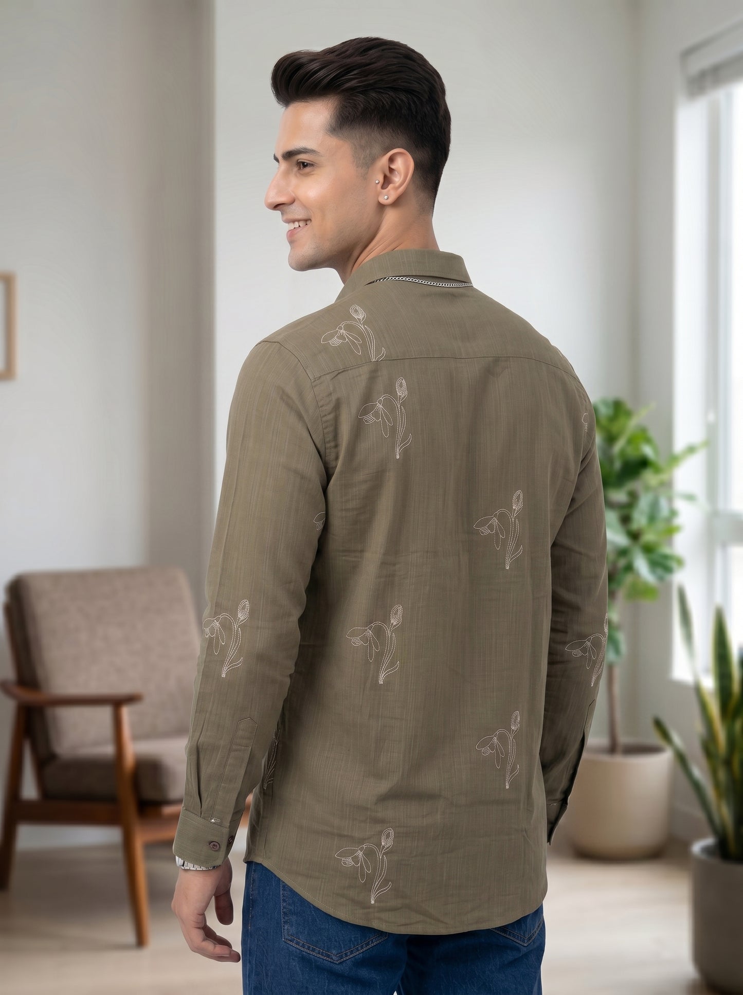 Vibe Craft Men's Tulip Embroidery Textured Cotton Shirt