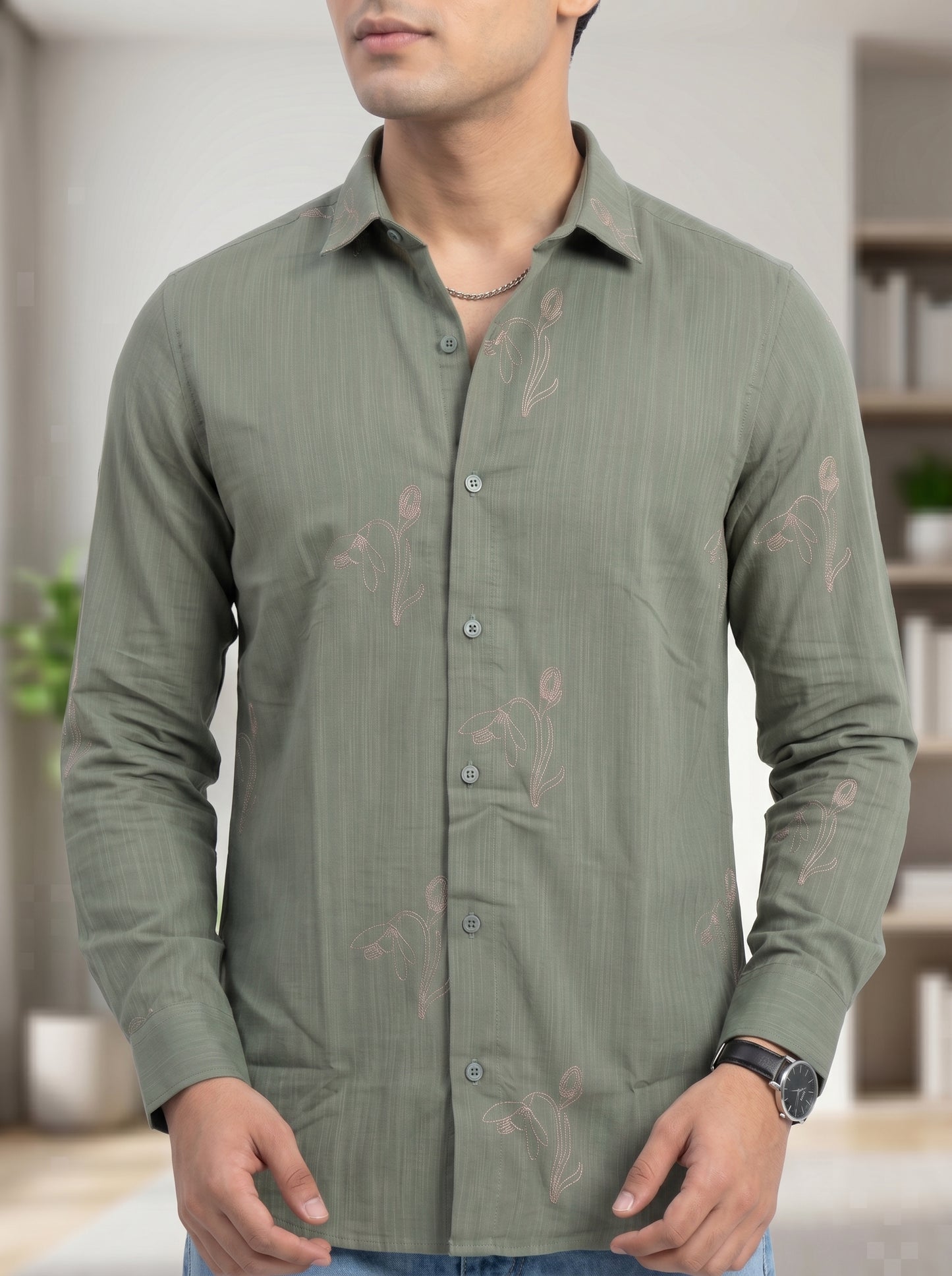 Vibe Craft Men's Tulip Embroidery Textured Cotton Shirt