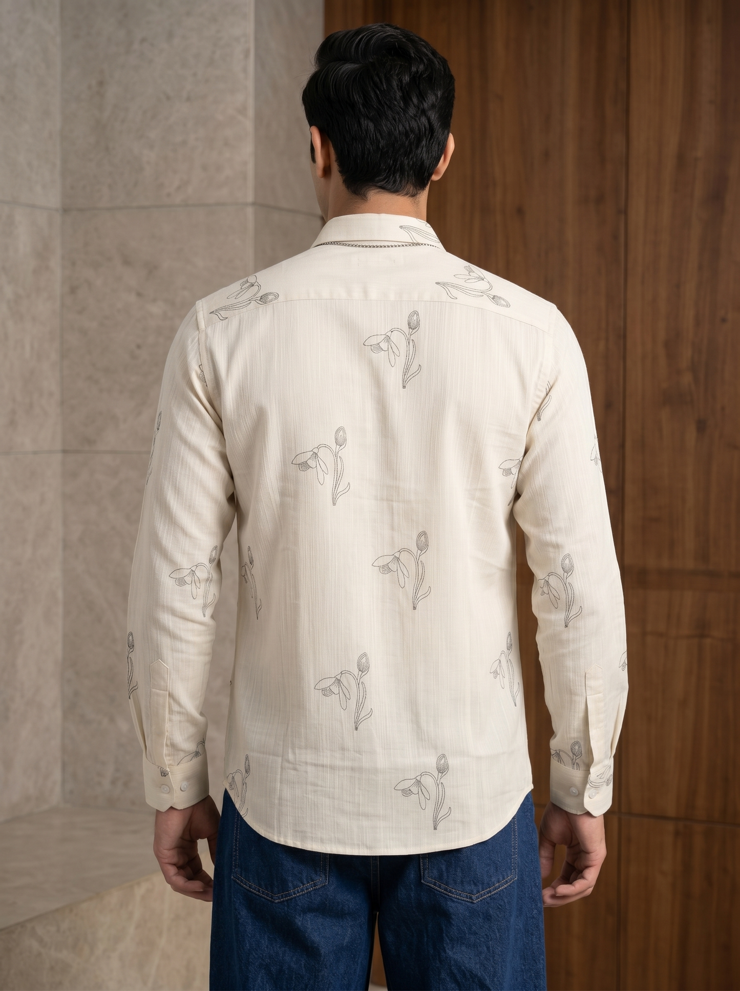 Vibe Craft Men's Tulip Embroidery Textured Cotton Shirt