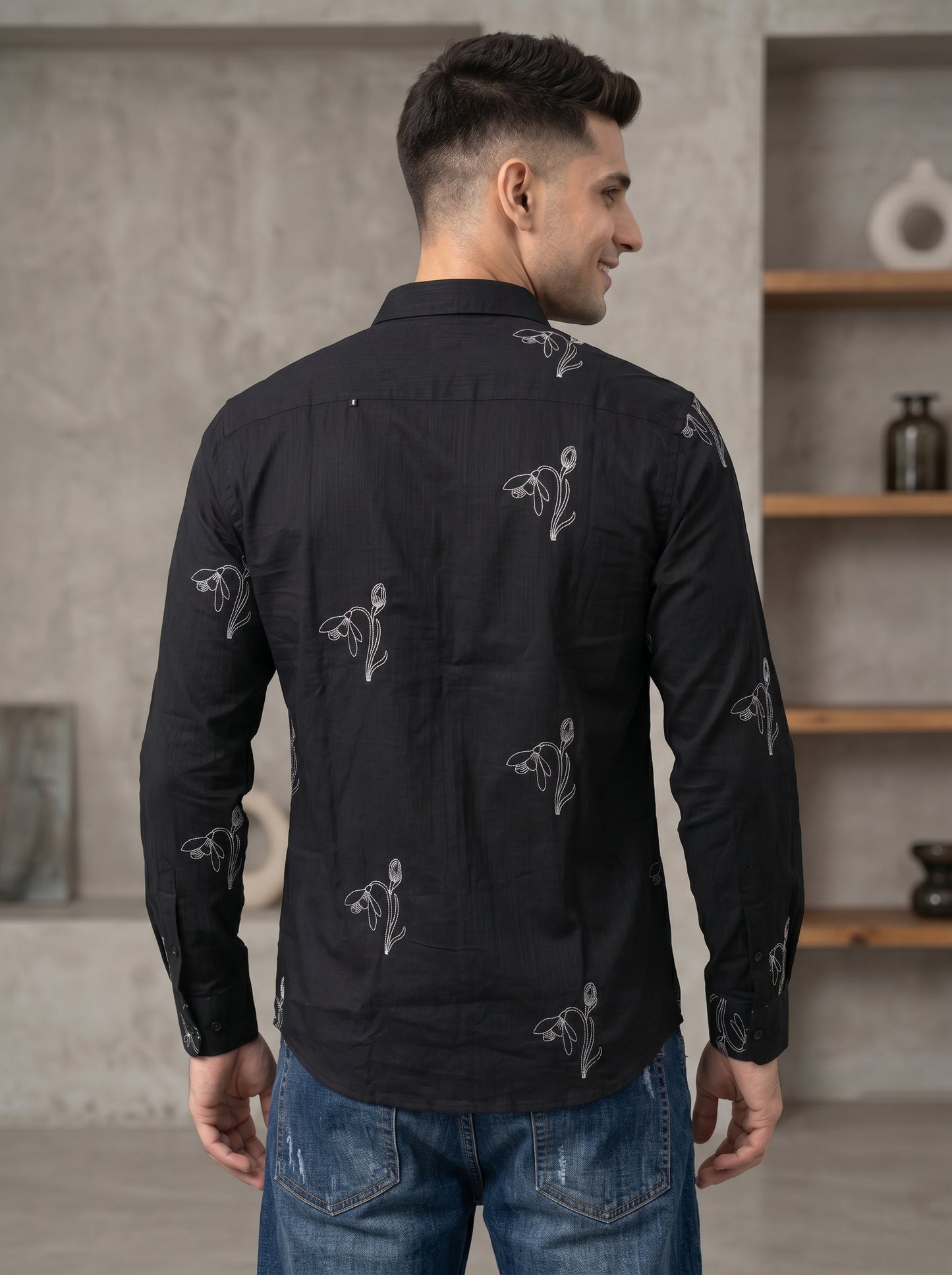 Vibe Craft Men's Tulip Embroidery Textured Cotton Shirt