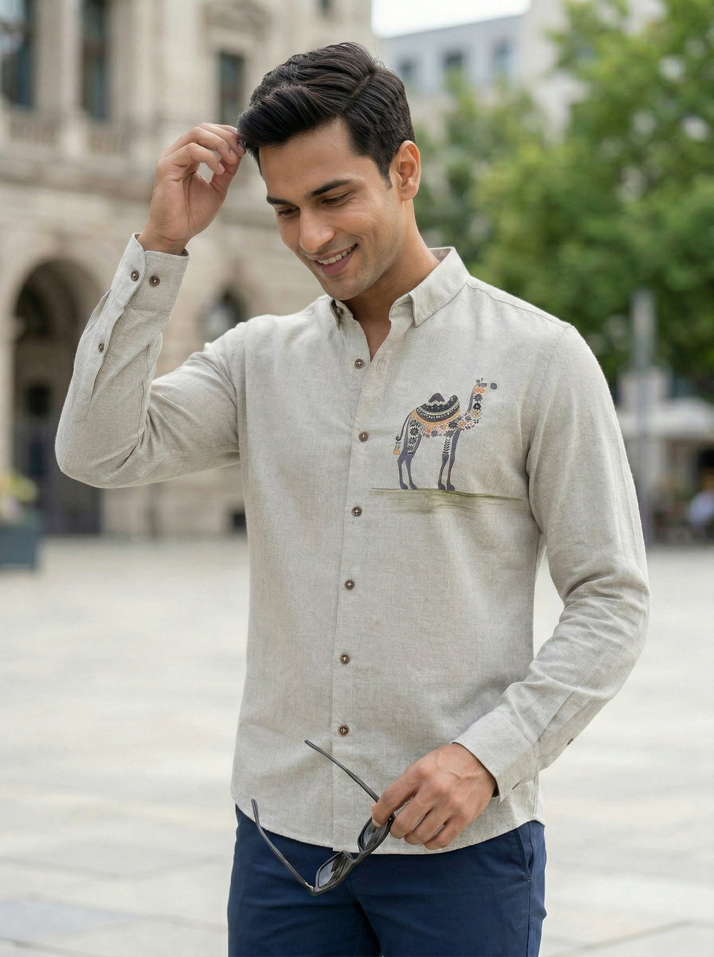 Men’s Sand Beige Camel Motif Graphic Cotton Linen Shirt
