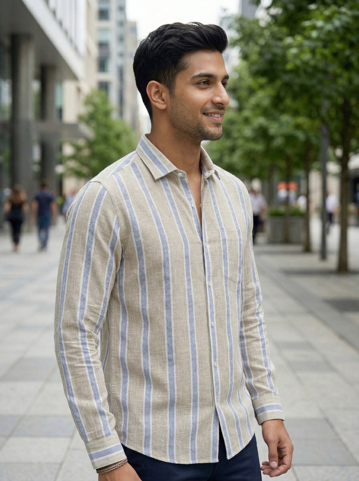 Beige & Blue Striped Premium Linen Shirt