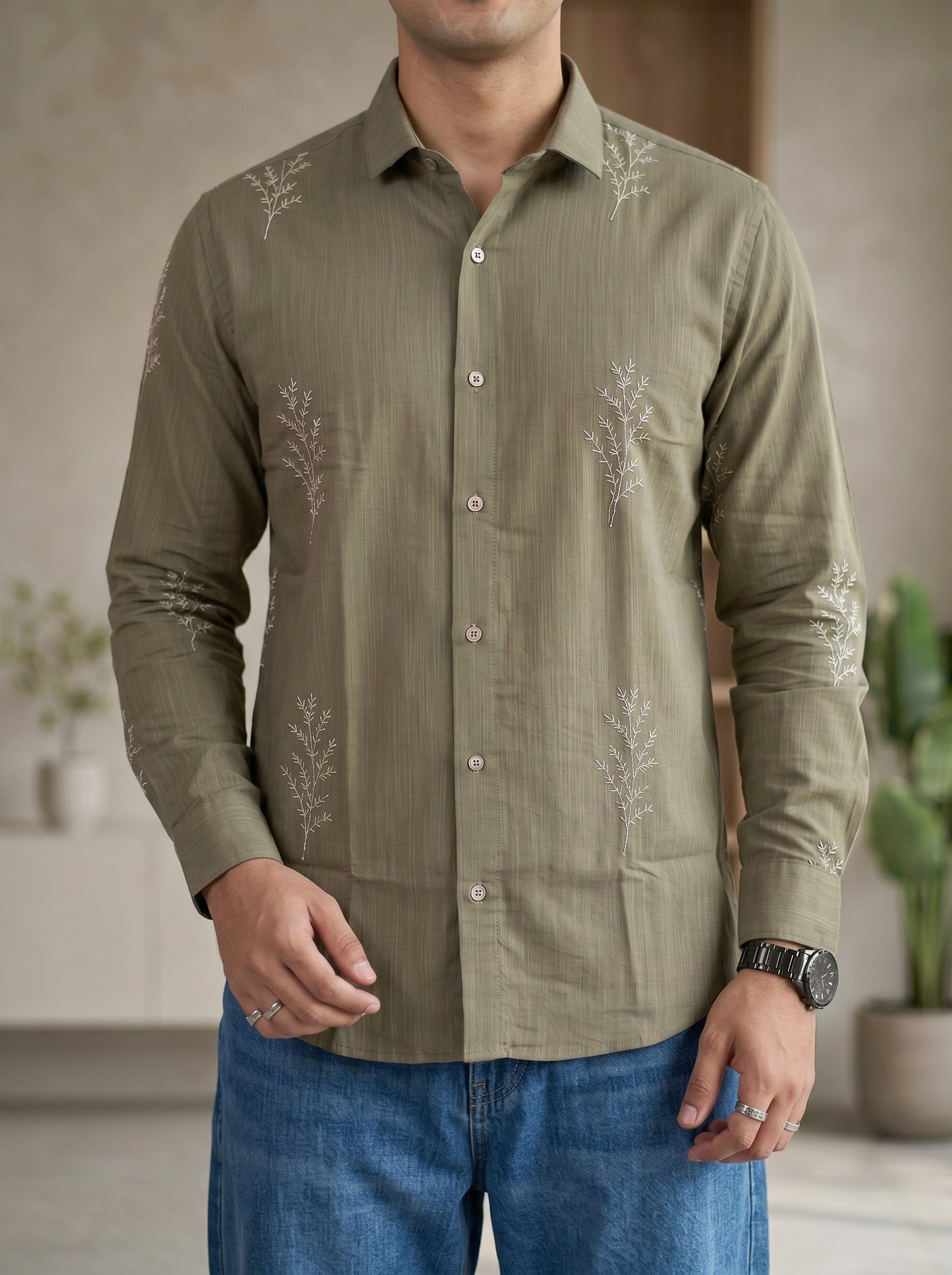 Minimal Fern Print Beige Shirt for Men