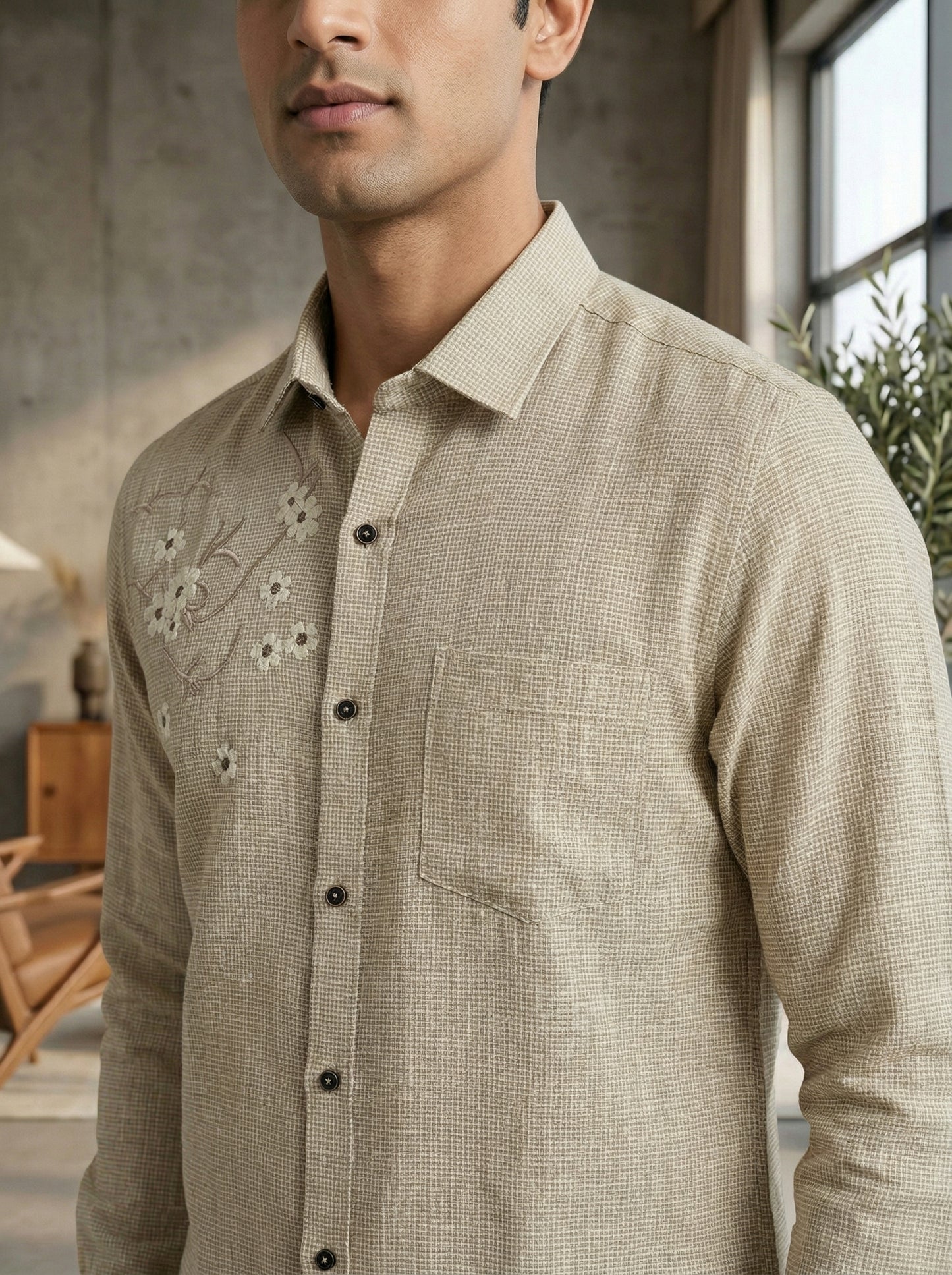 Sandstone Micro-Check Shirt with Subtle Floral Embroidery