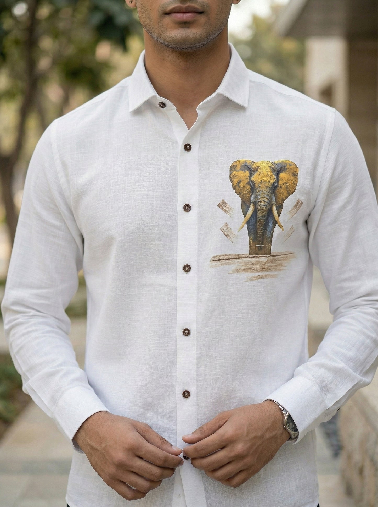 Men’s White Elephant Motif Graphic Cotton Linen Shirt
