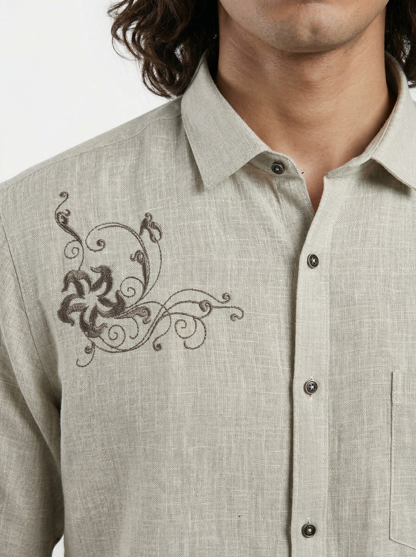 Men’s Grey Floral Embroidered Cotton-Linen Shirt