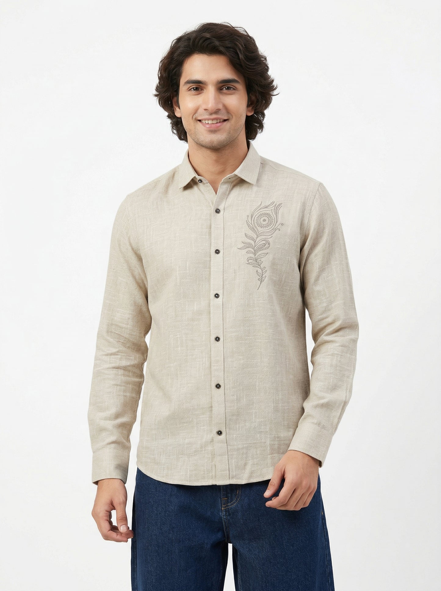 Men’s Beige Flex Cotton Shirt with Feather Embroidery Shirt