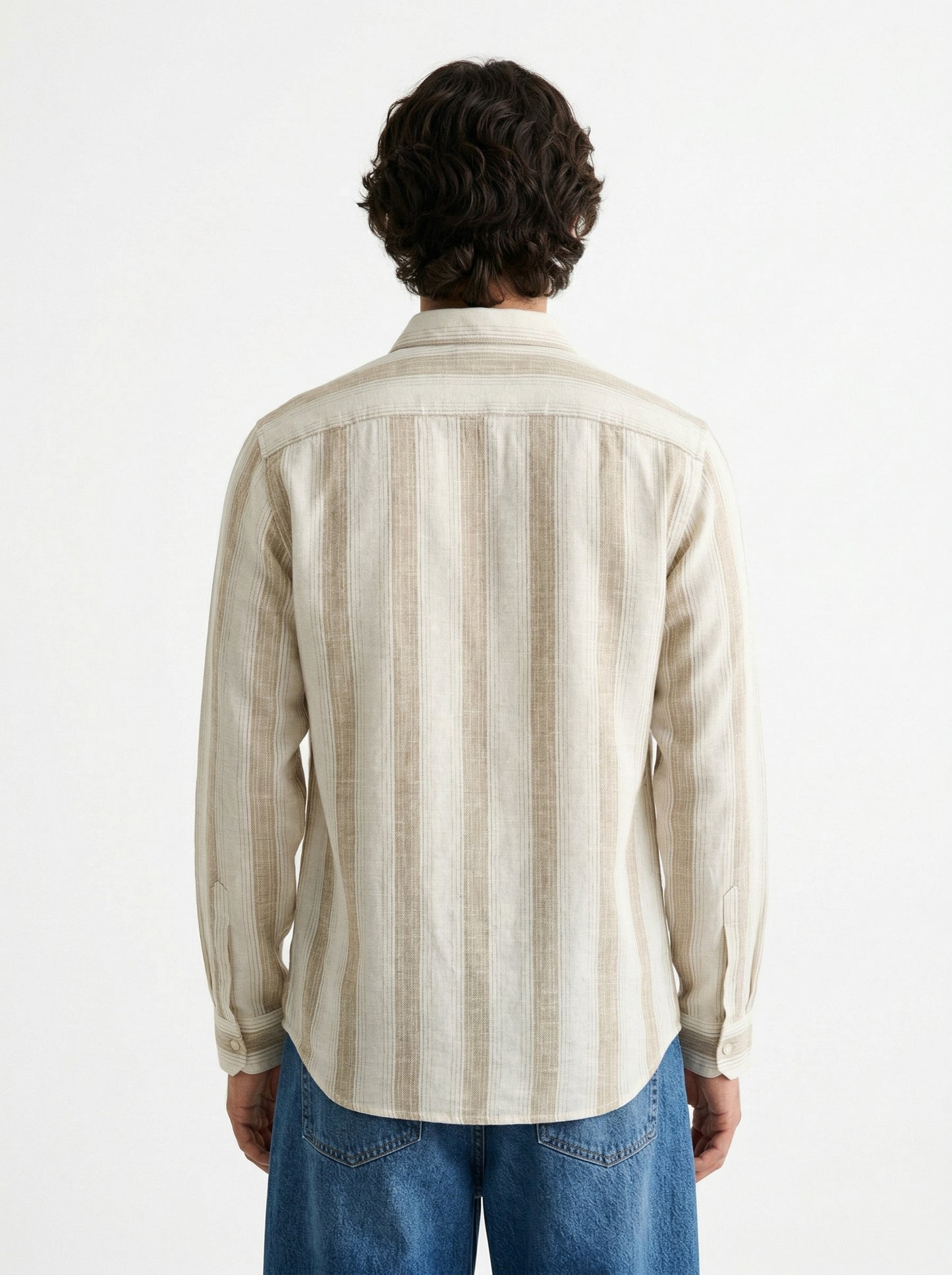 Men’s Beige Striped Kurta Shirt with Subtle Embroidery