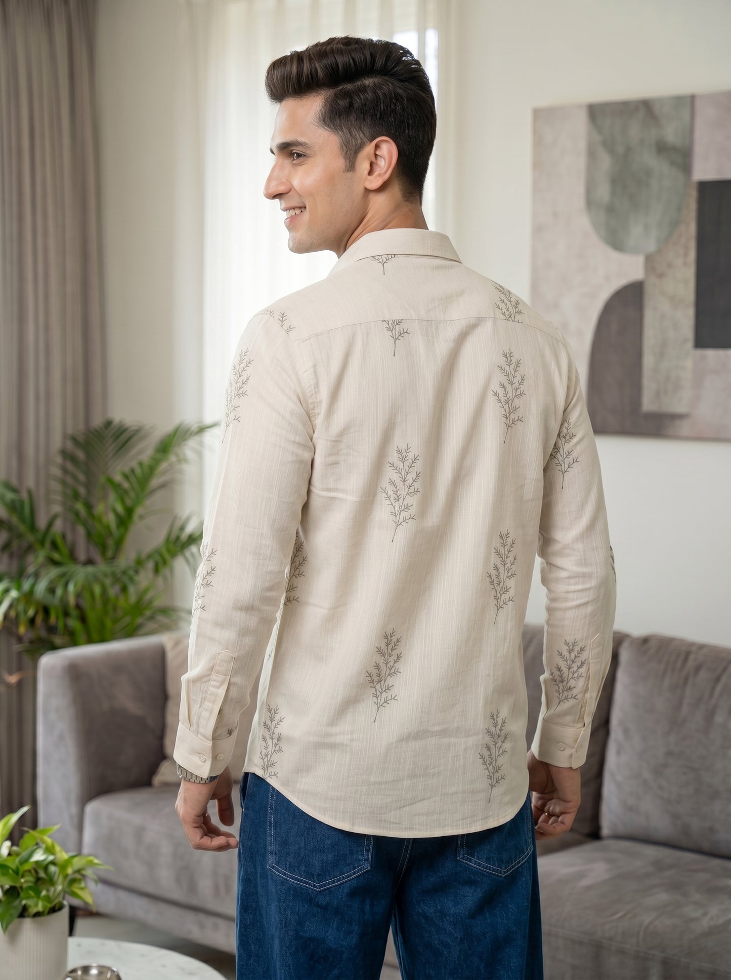 Minimal Fern Print Beige Shirt for Men