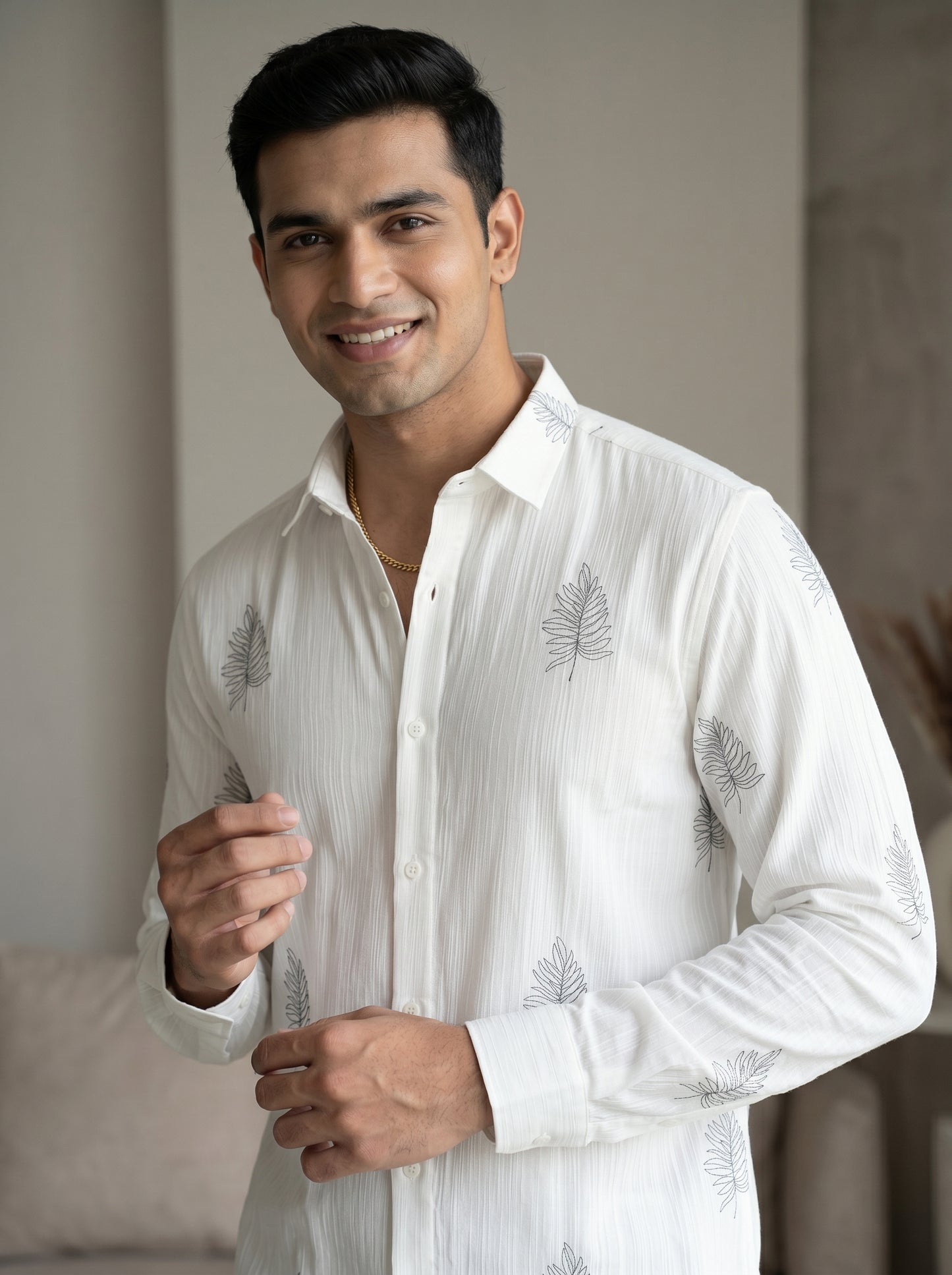 Men's Leaf Graphic Print Cotton Shirt