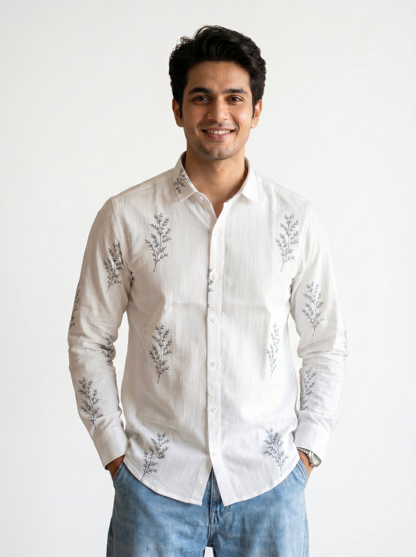 Minimal Fern Print Beige Shirt for Men