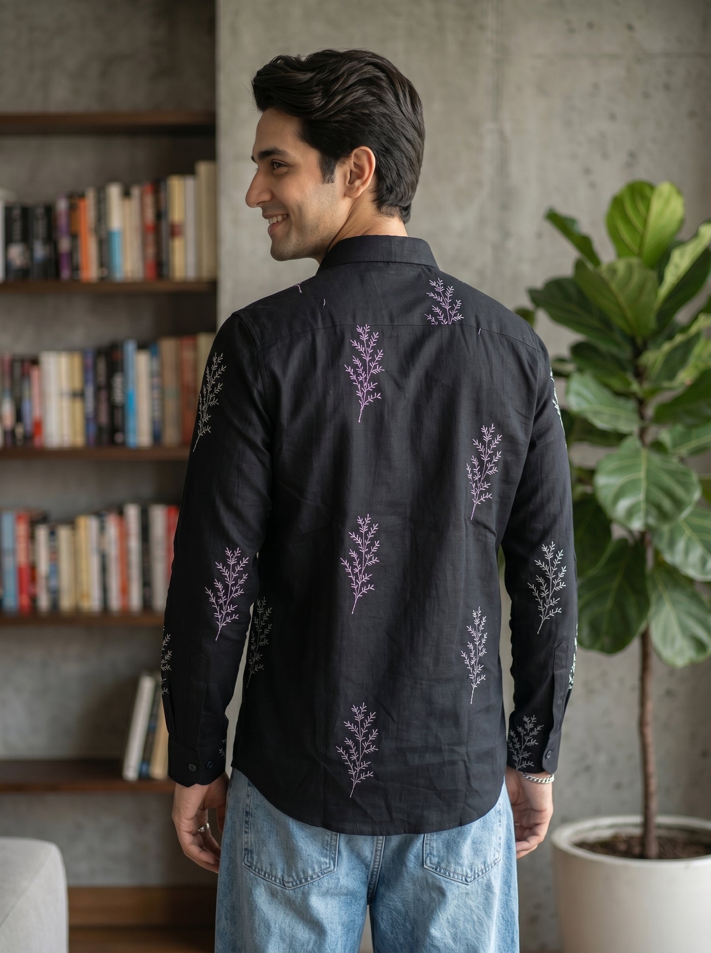 Minimal Fern Print Beige Shirt for Men