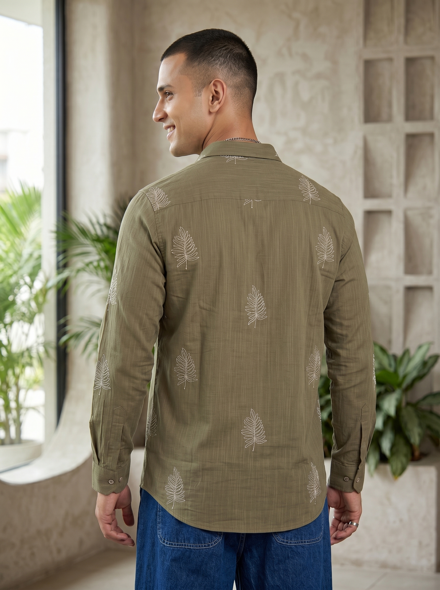 Men's Leaf Graphic Print Cotton Shirt