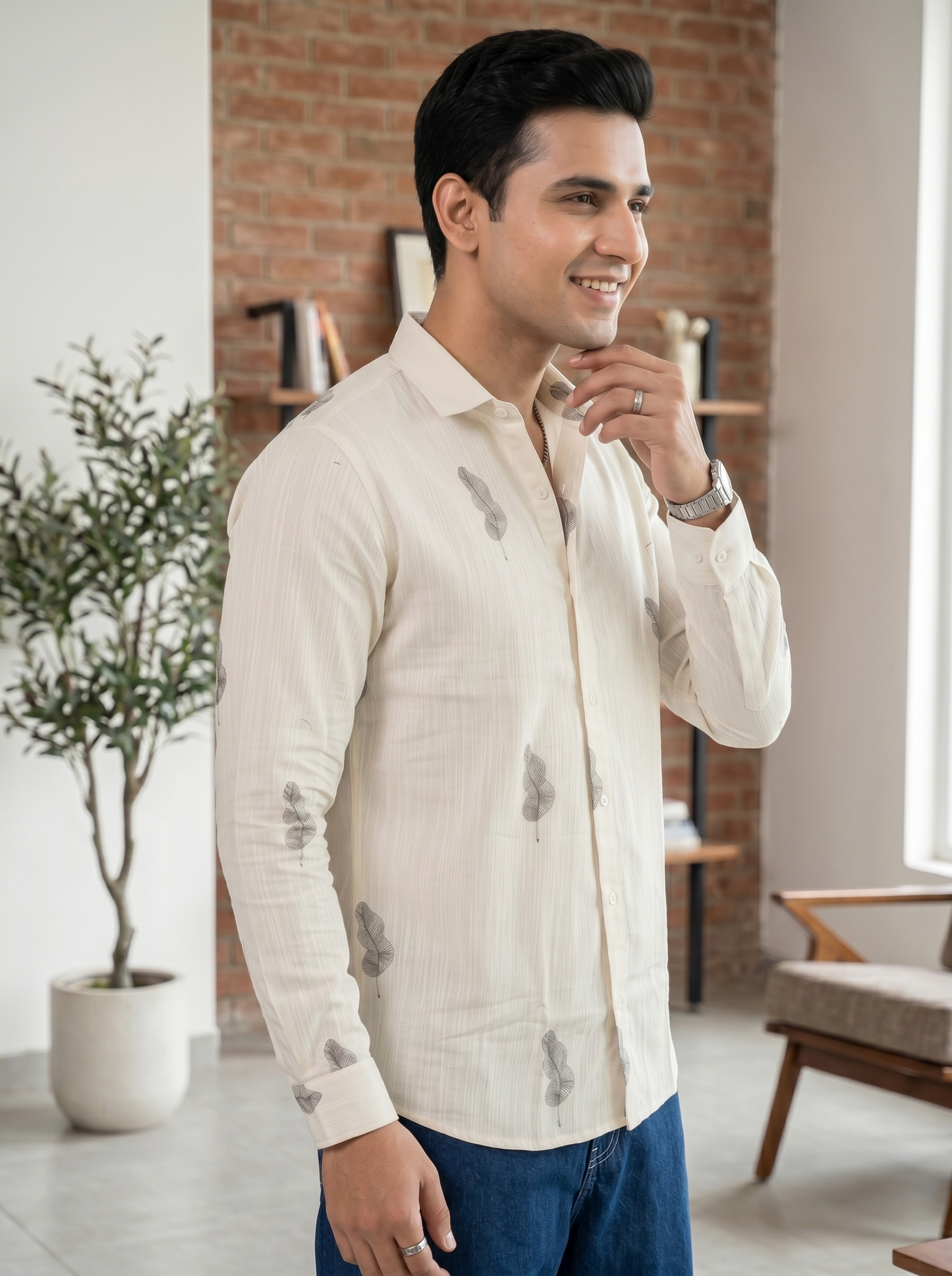 Vibe Craft Men's Feather Print Textured Cotton Shirt