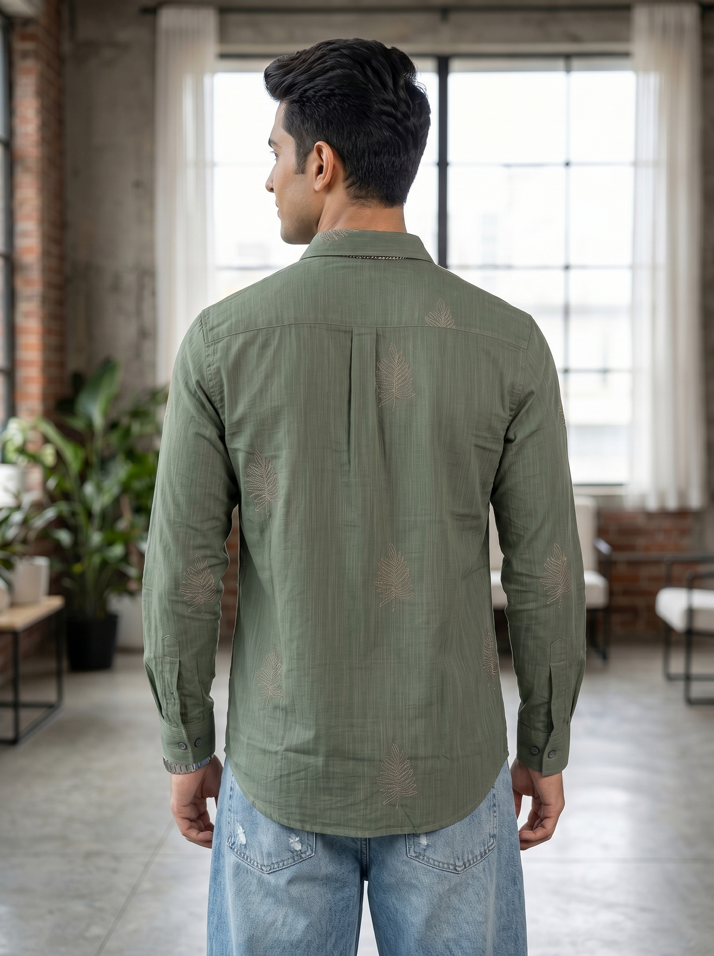Men's Leaf Graphic Print Cotton Shirt