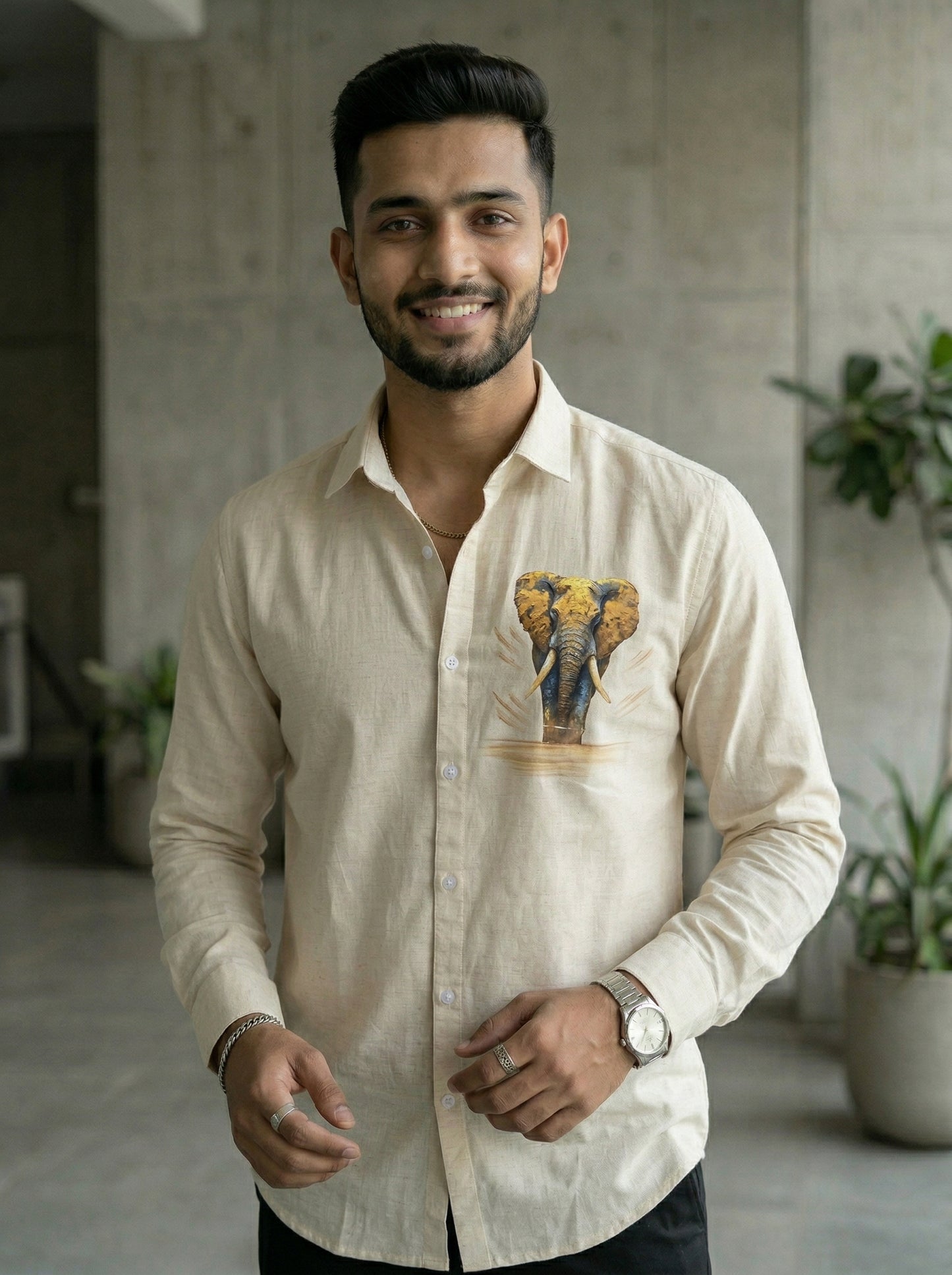 Men’s Ivory Elephant Motif Graphic Cotton Linen Shirt