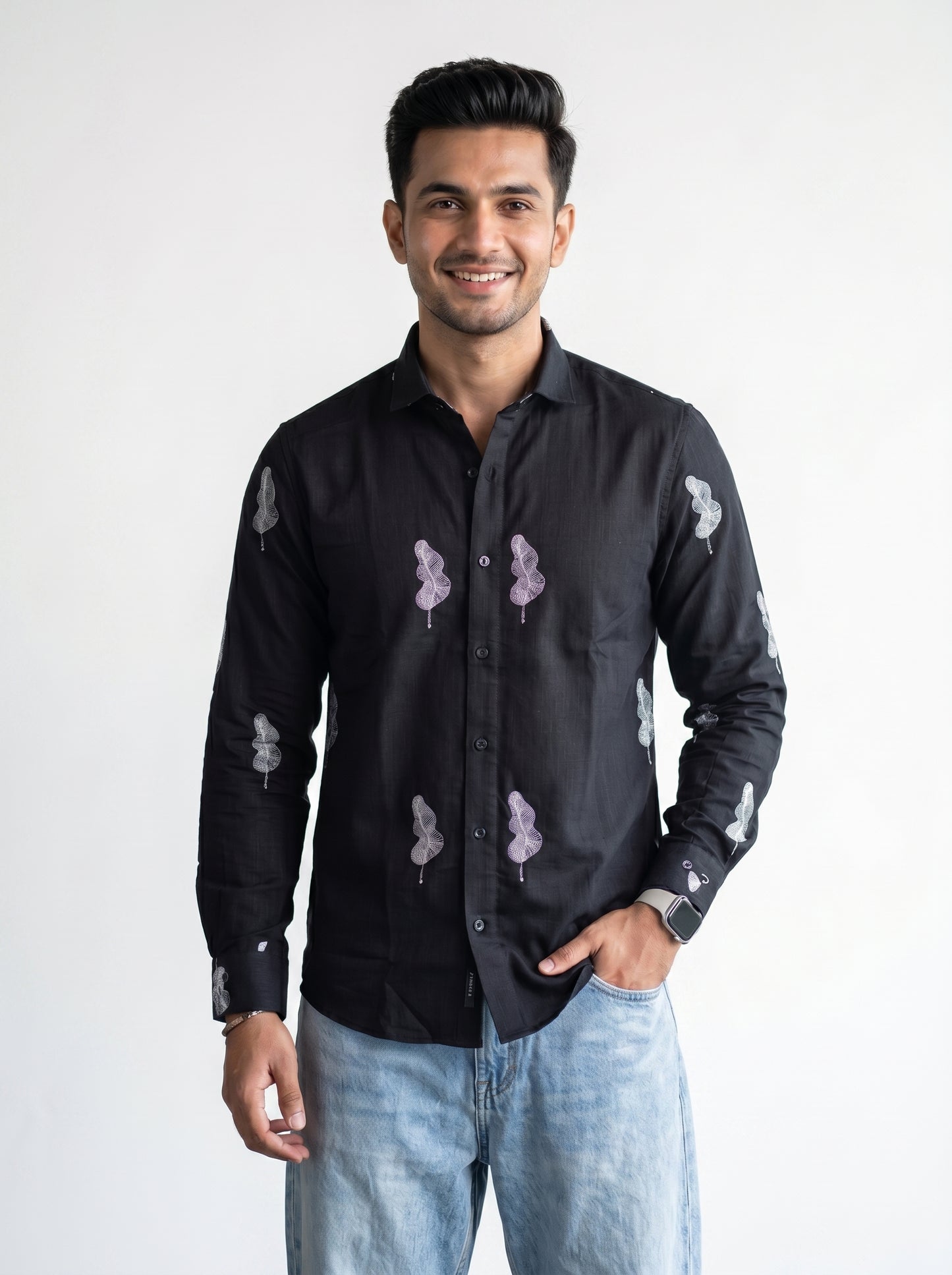 Vibe Craft Men's Feather Print Textured Cotton Shirt