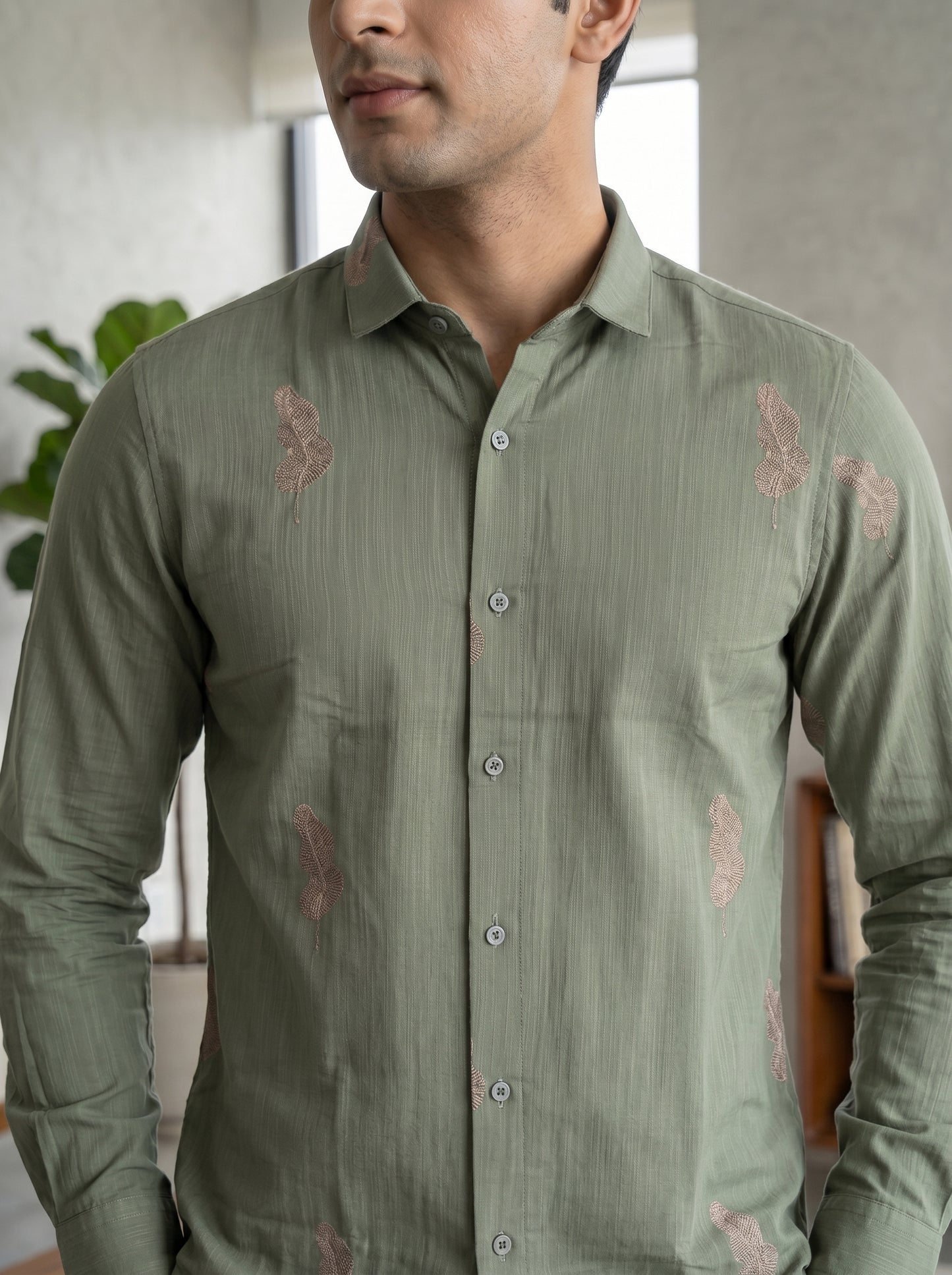 Vibe Craft Men's Feather Print Textured Cotton Shirt